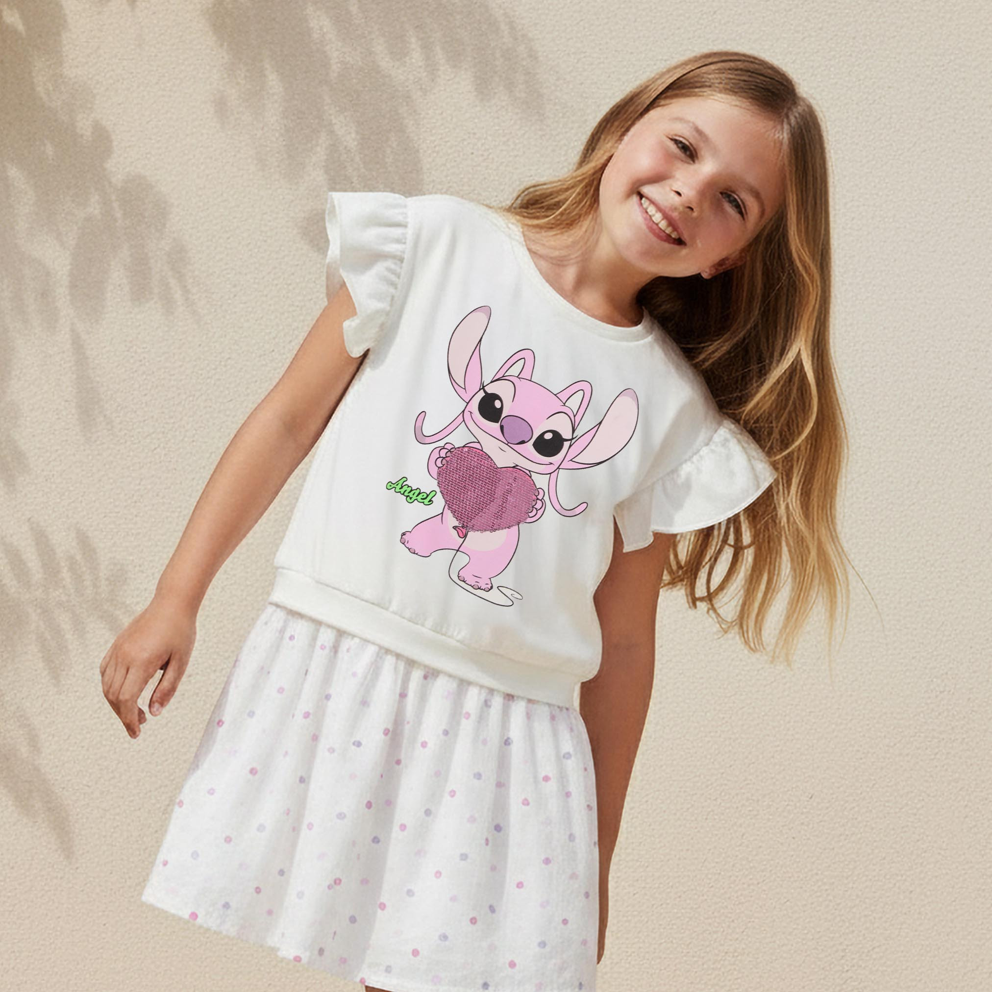 Disney Crew Neck Cap Sleeves Knee Length Dress with Stitch Print-girls-clothing-dressesandjumpsuits-image-1