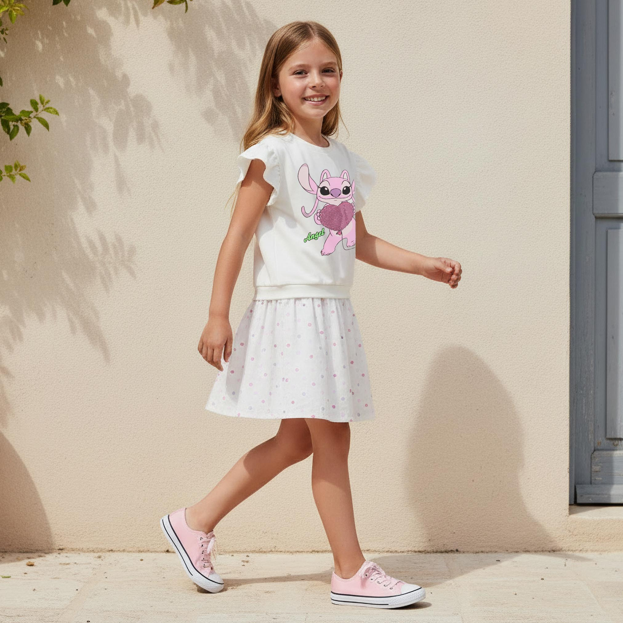Disney Crew Neck Cap Sleeves Knee Length Dress with Stitch Print-girls-clothing-dressesandjumpsuits-image-2
