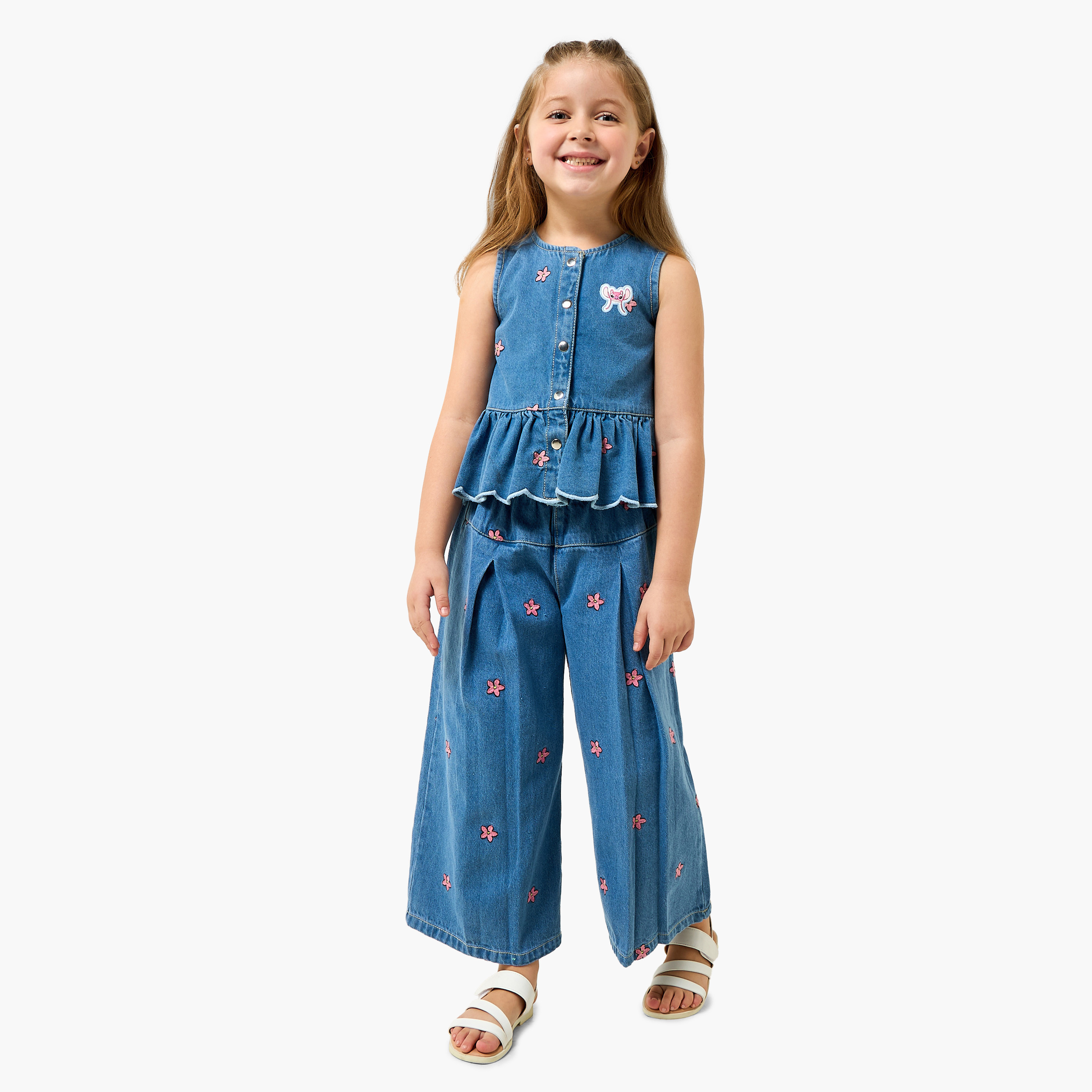 Disney Crew Neck Sleevless Peplum Top and Wide Leg Pants Set with Angel Applique-baby-girls-clothing-setsandcoords-image-1