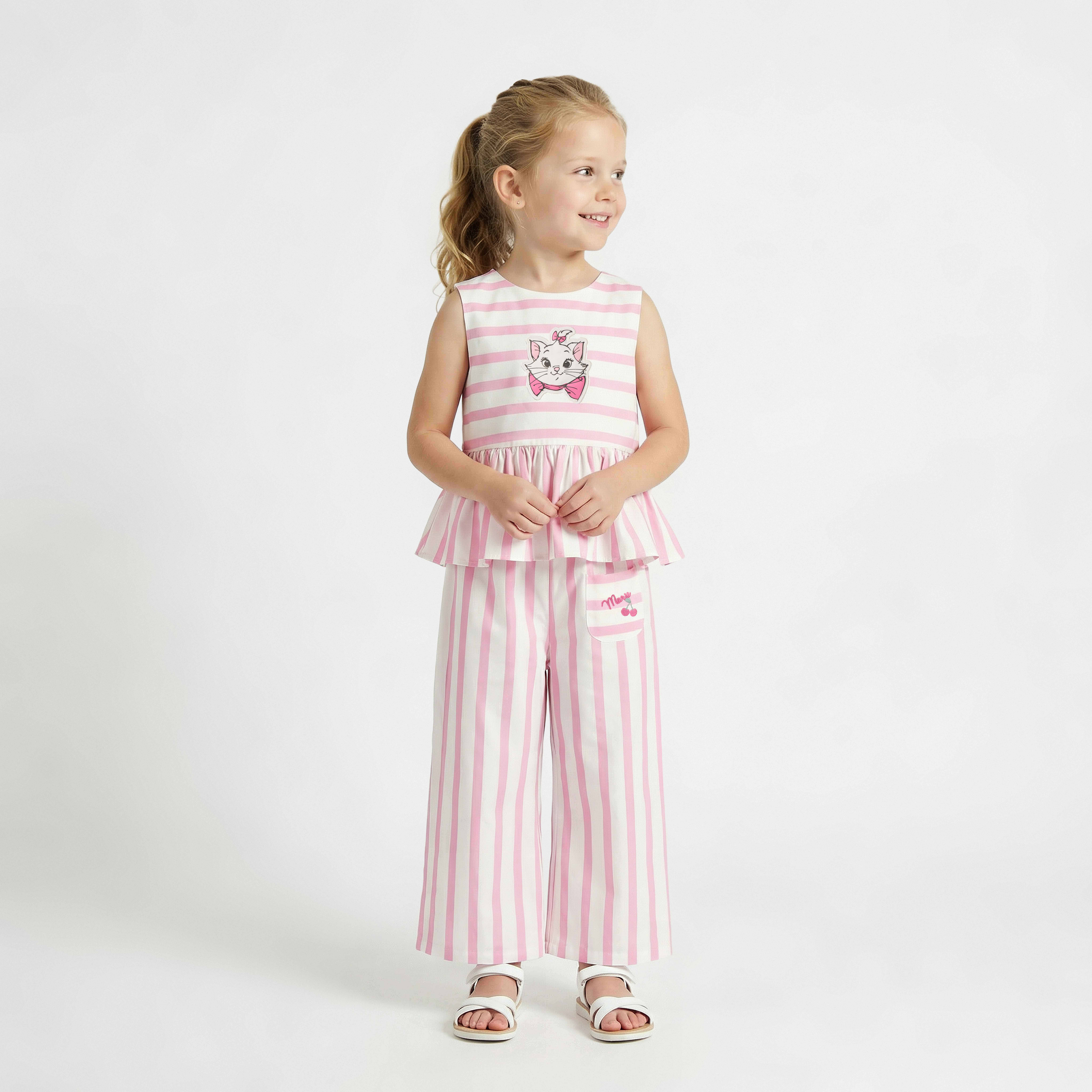 Disney Round Neck Sleevless Peplum Top and Wide Leg Pants Set with Marie Applique-baby-girls-clothing-setsandcoords-image-1