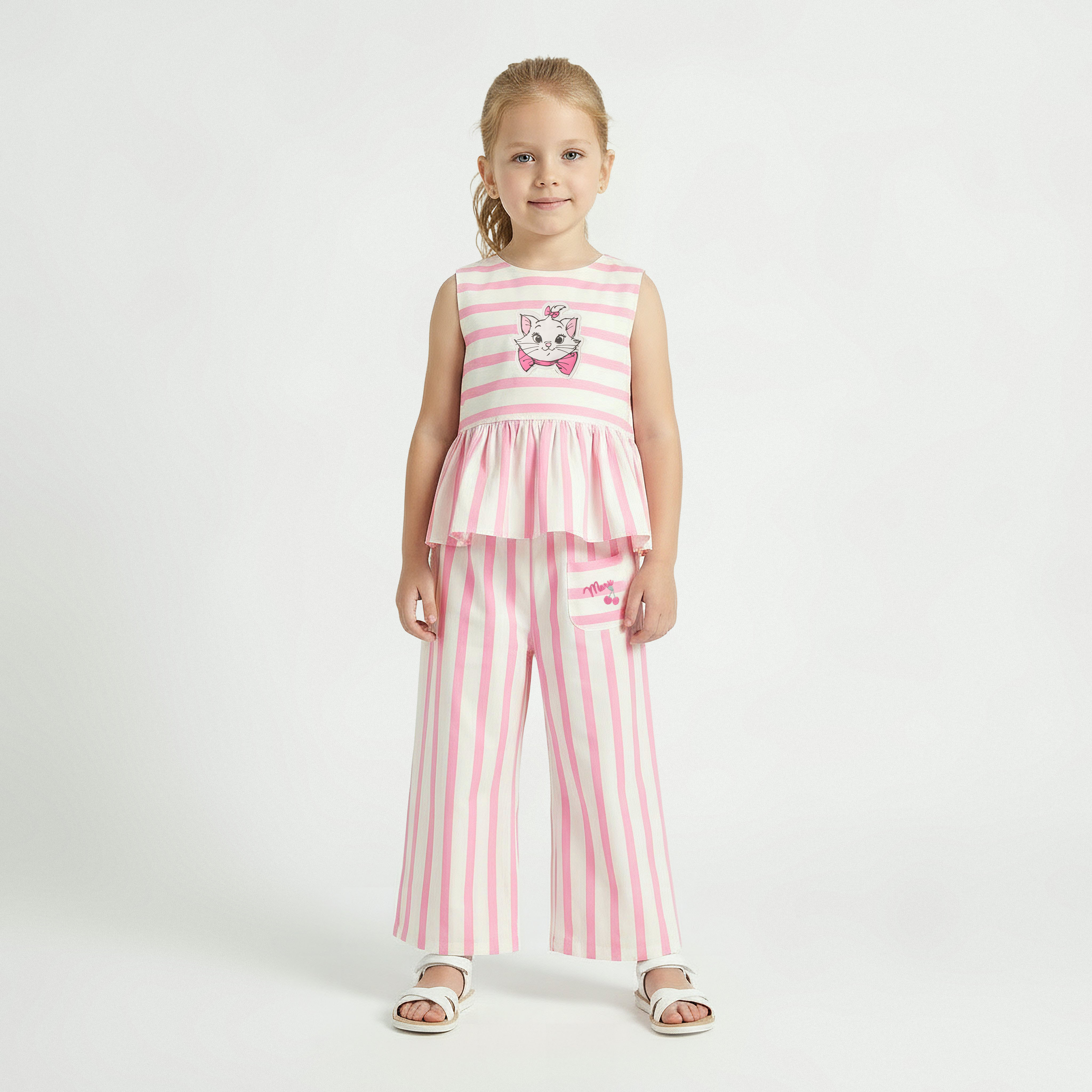 Disney Round Neck Sleevless Peplum Top and Wide Leg Pants Set with Marie Applique-baby-girls-clothing-setsandcoords-image-2