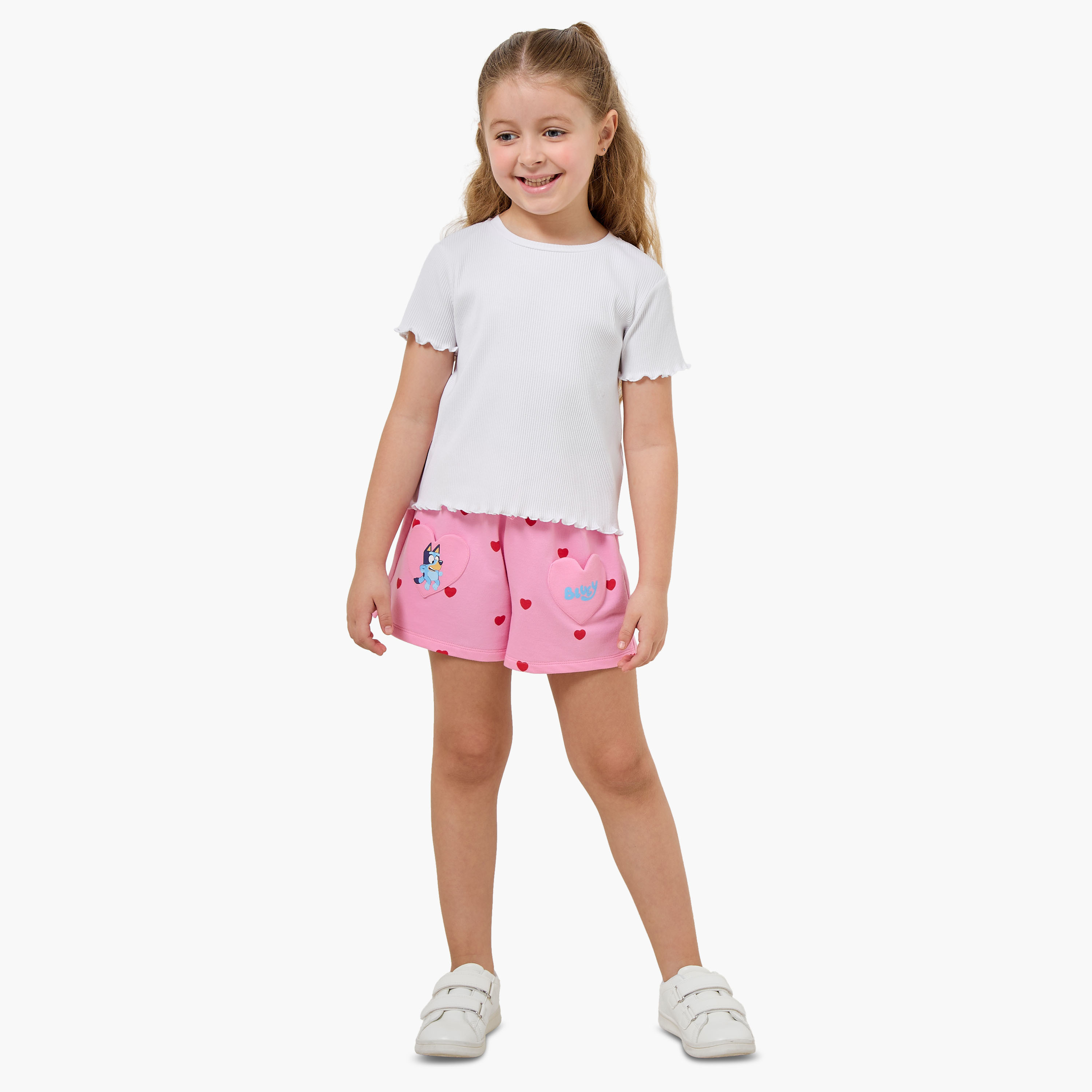 Bluey Elasticated Drawstring Waist Shorts with Heart Print-girls-clothing-bottoms-shorts-image-2