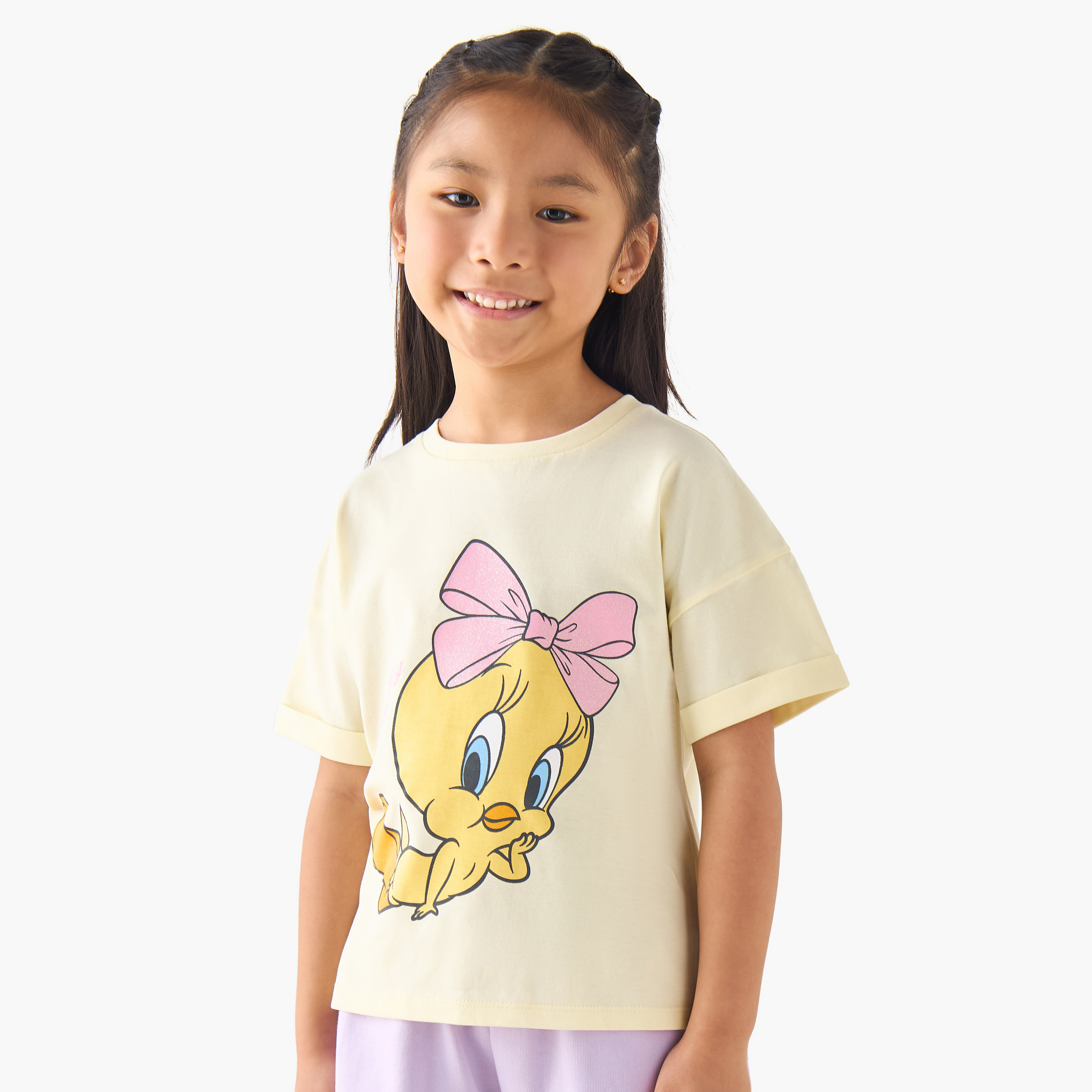 Crew Neck Short Sleeves T-shirt with Tweety Print-girls-clothing-tshirts-image-1