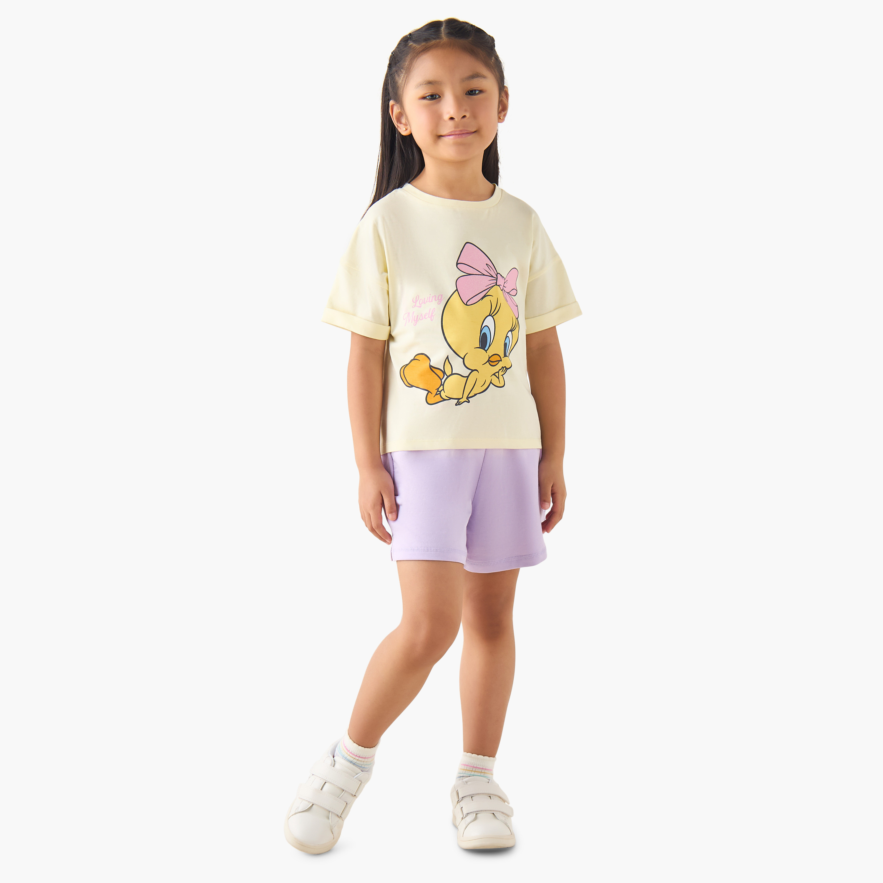 Crew Neck Short Sleeves T-shirt with Tweety Print-girls-clothing-tshirts-image-2
