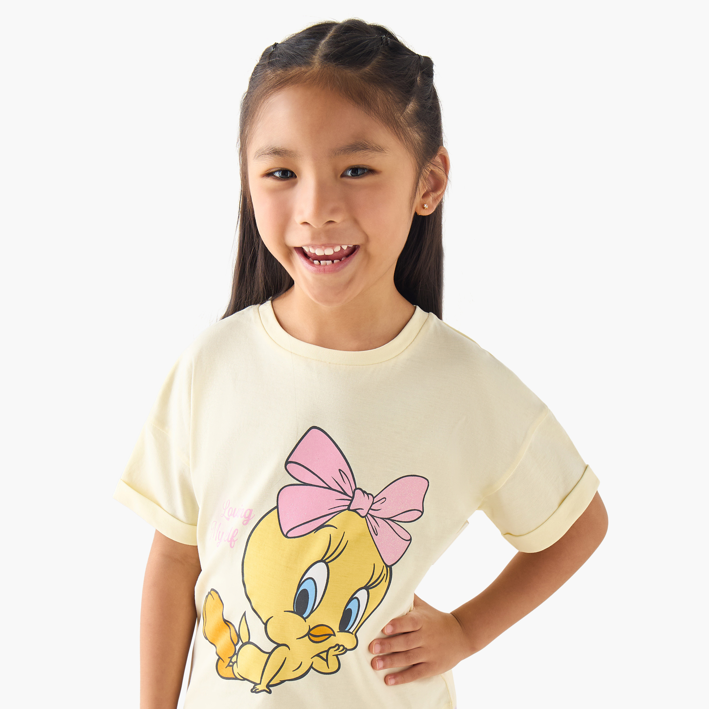 Crew Neck Short Sleeves T-shirt with Tweety Print-girls-clothing-tshirts-image-4