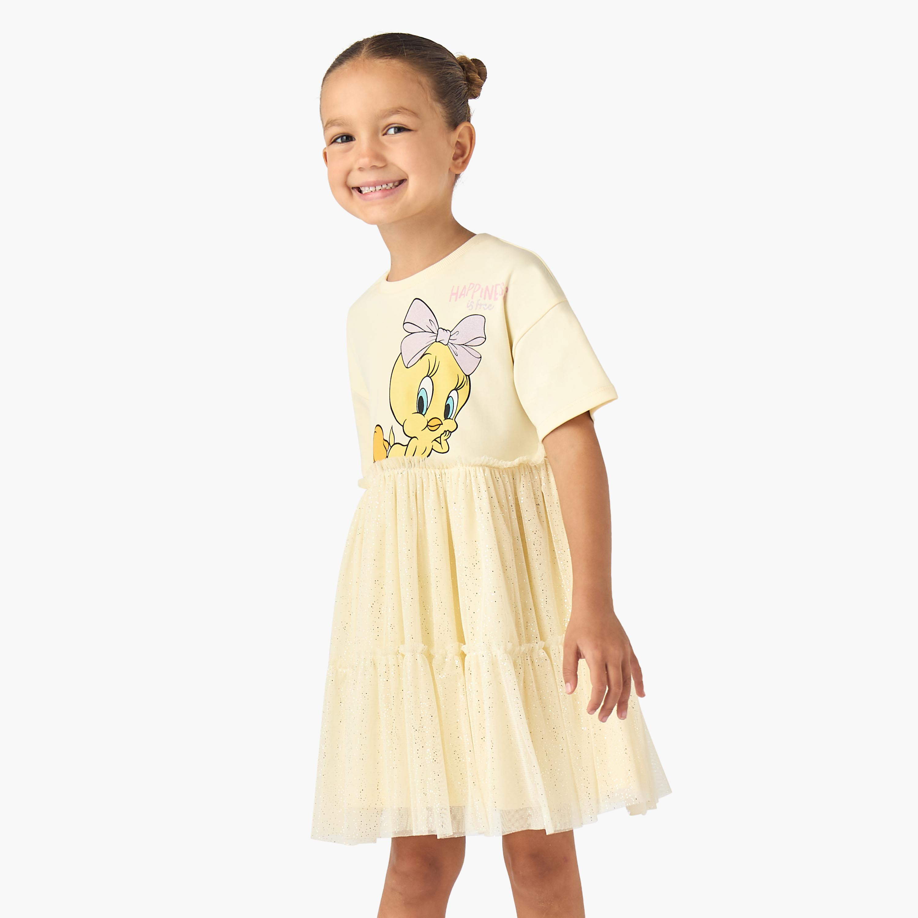 Round Neck Short Sleeves Tiered Dress with Tweety Print-girls-clothing-dressesandjumpsuits-image-1