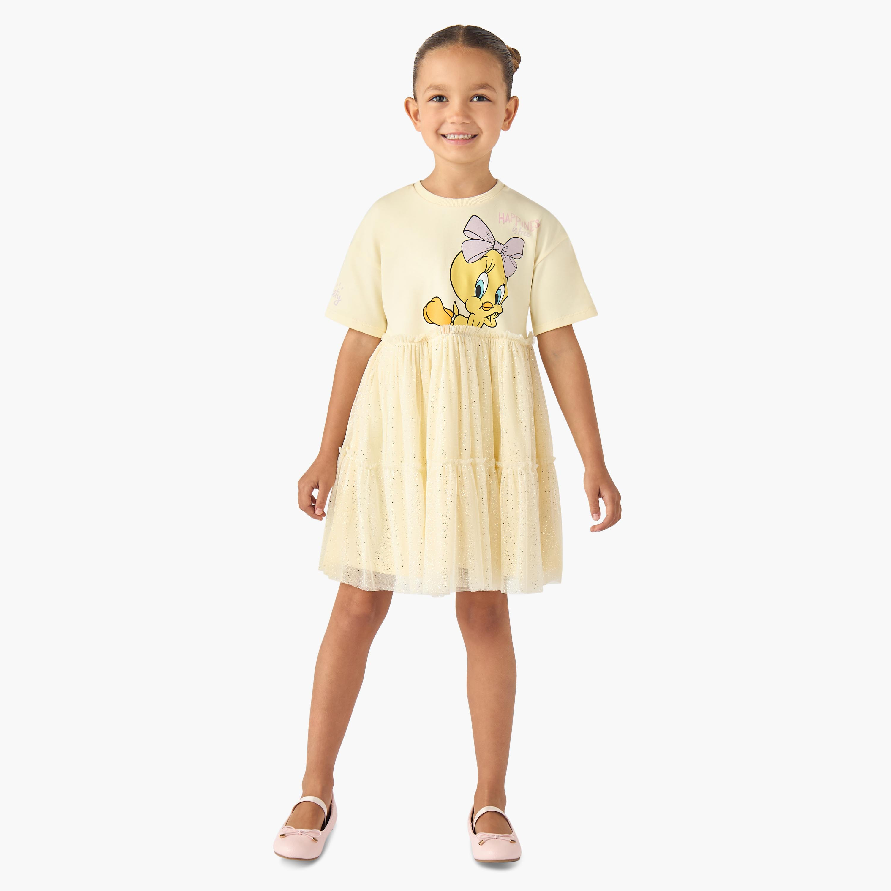 Round Neck Short Sleeves Tiered Dress with Tweety Print-girls-clothing-dressesandjumpsuits-image-2