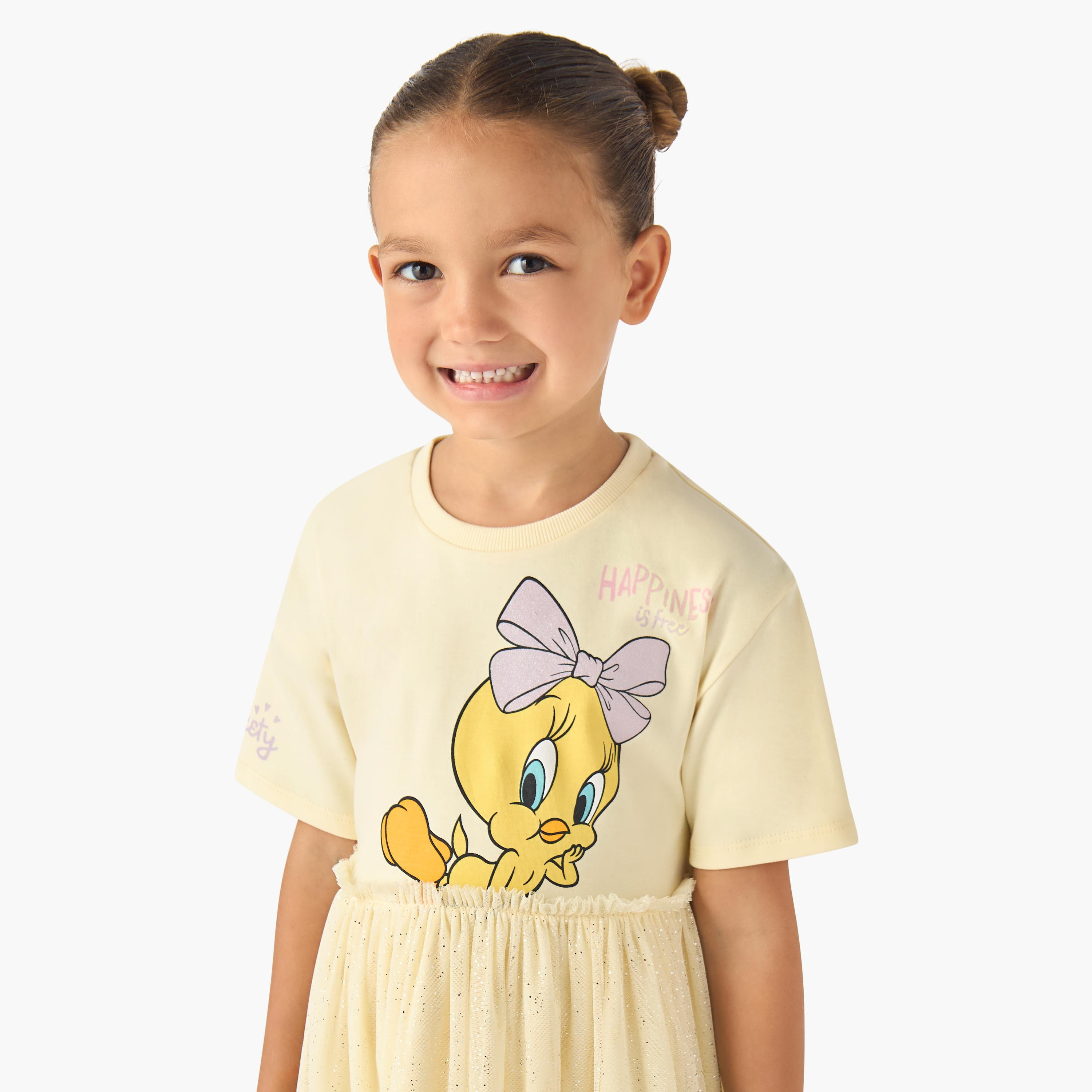 Round Neck Short Sleeves Tiered Dress with Tweety Print-girls-clothing-dressesandjumpsuits-image-4