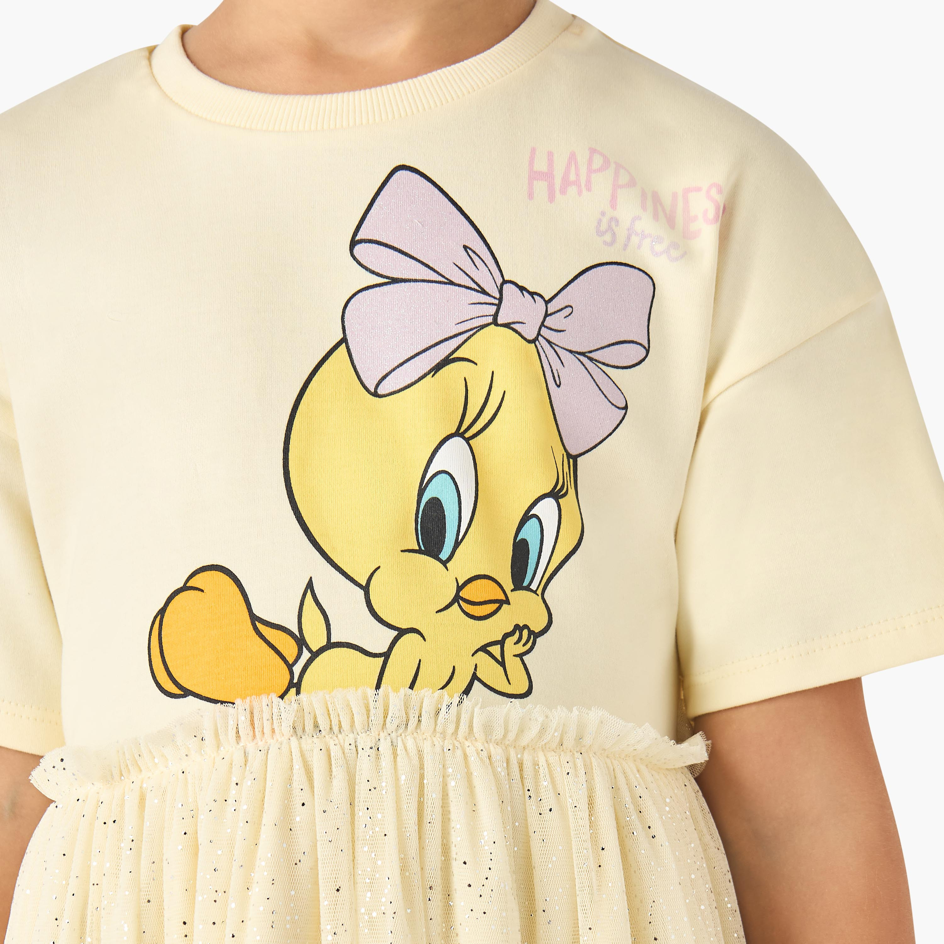 Round Neck Short Sleeves Tiered Dress with Tweety Print-girls-clothing-dressesandjumpsuits-image-5