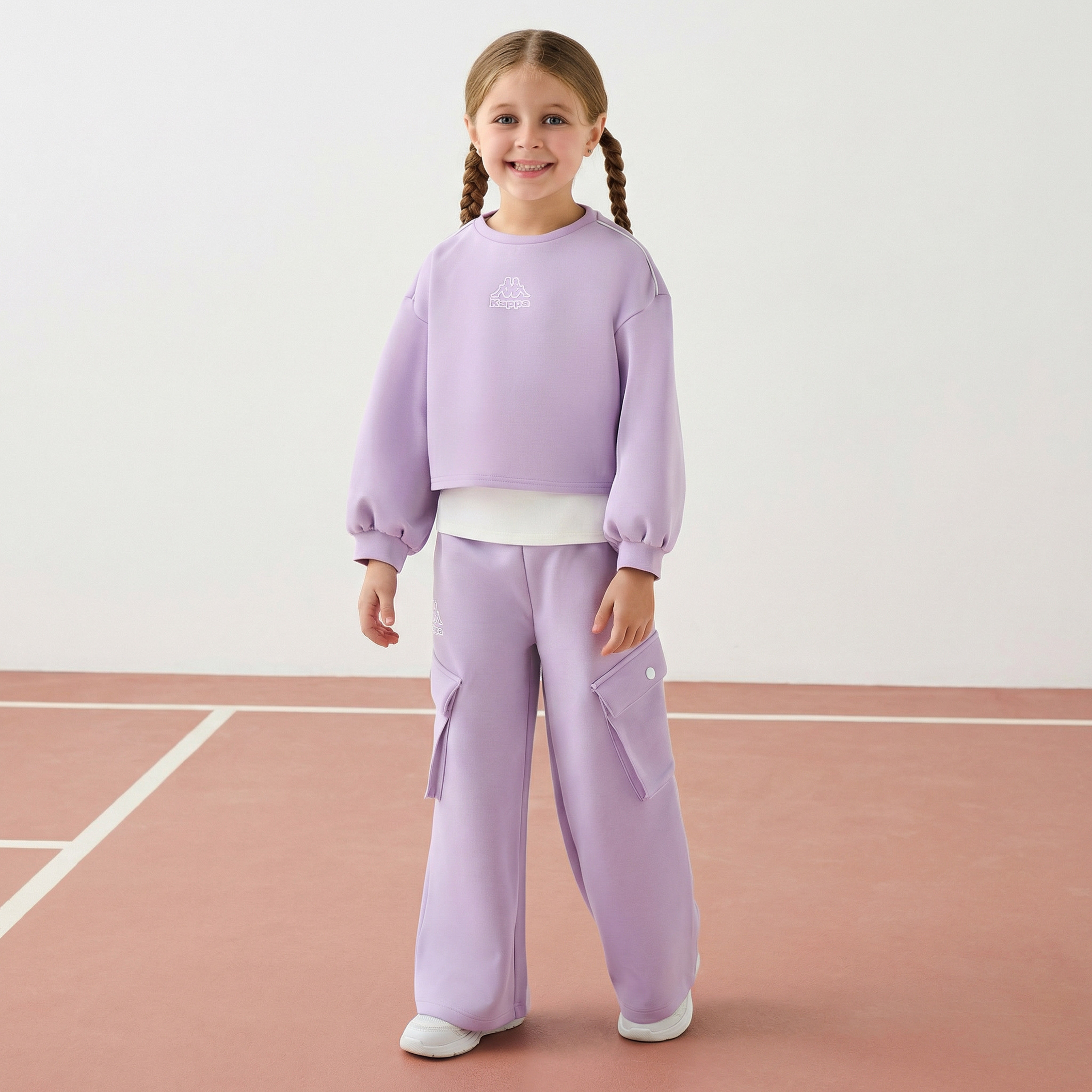 Kappa Round Neck Long Sleeve Sweatshirt and Pants Set with Flap Pockets-girls-clothing-sportswear-sets-image-1
