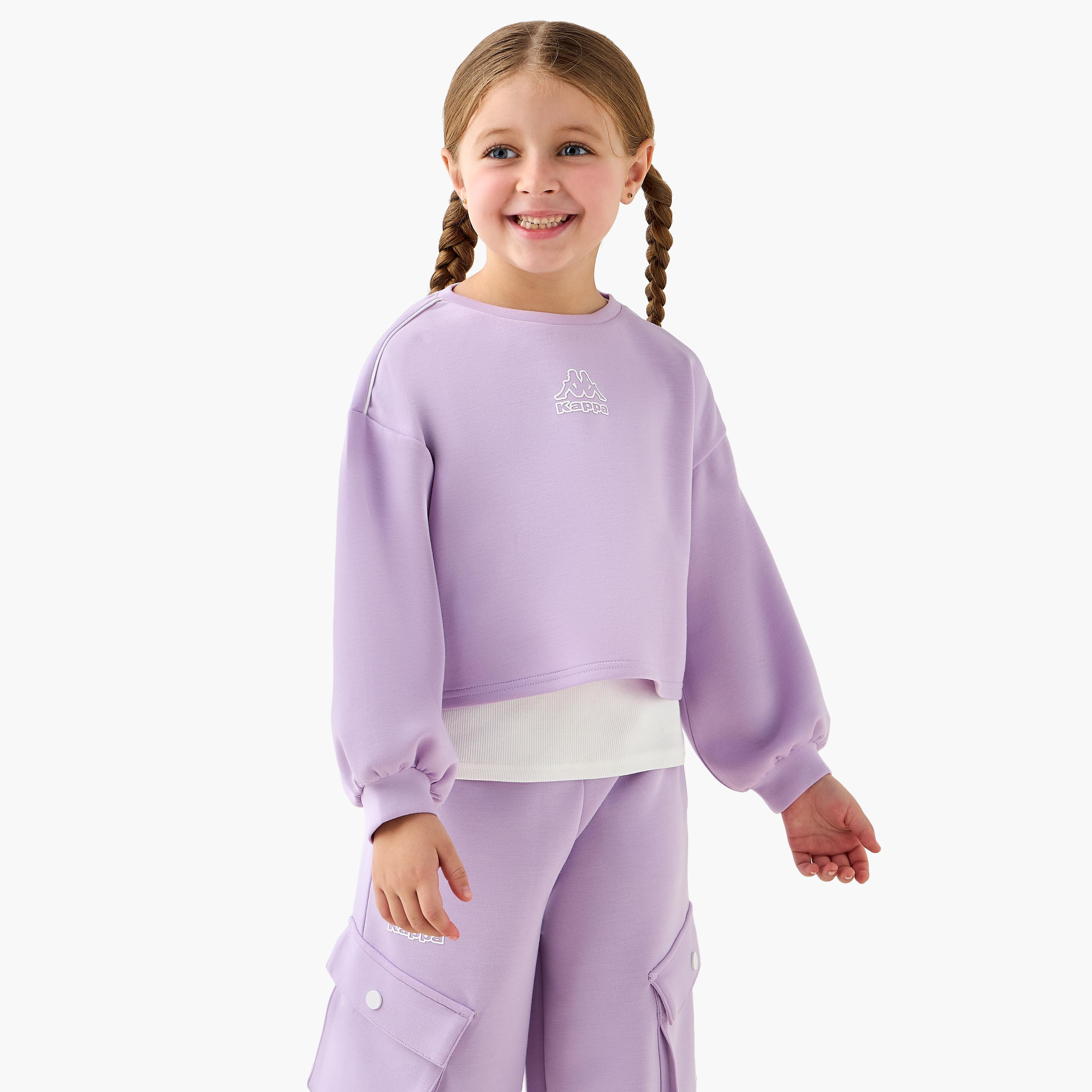 Kappa Round Neck Long Sleeve Sweatshirt and Pants Set with Flap Pockets-girls-clothing-sportswear-sets-image-2