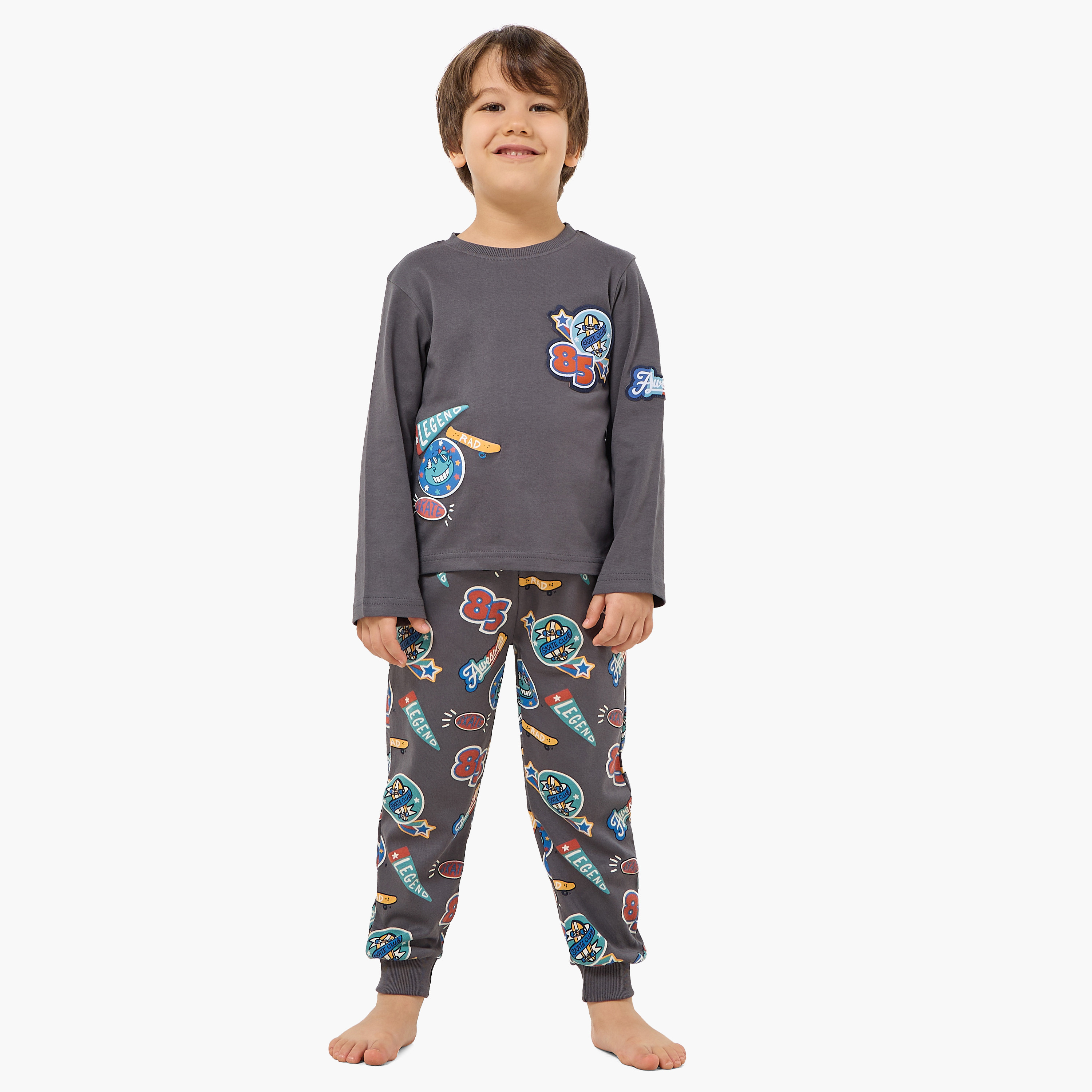 Juniors Cotton Crew Neck Long Sleeves Pyjama Set with Bear Print-boys-clothing-nightwear-image-1