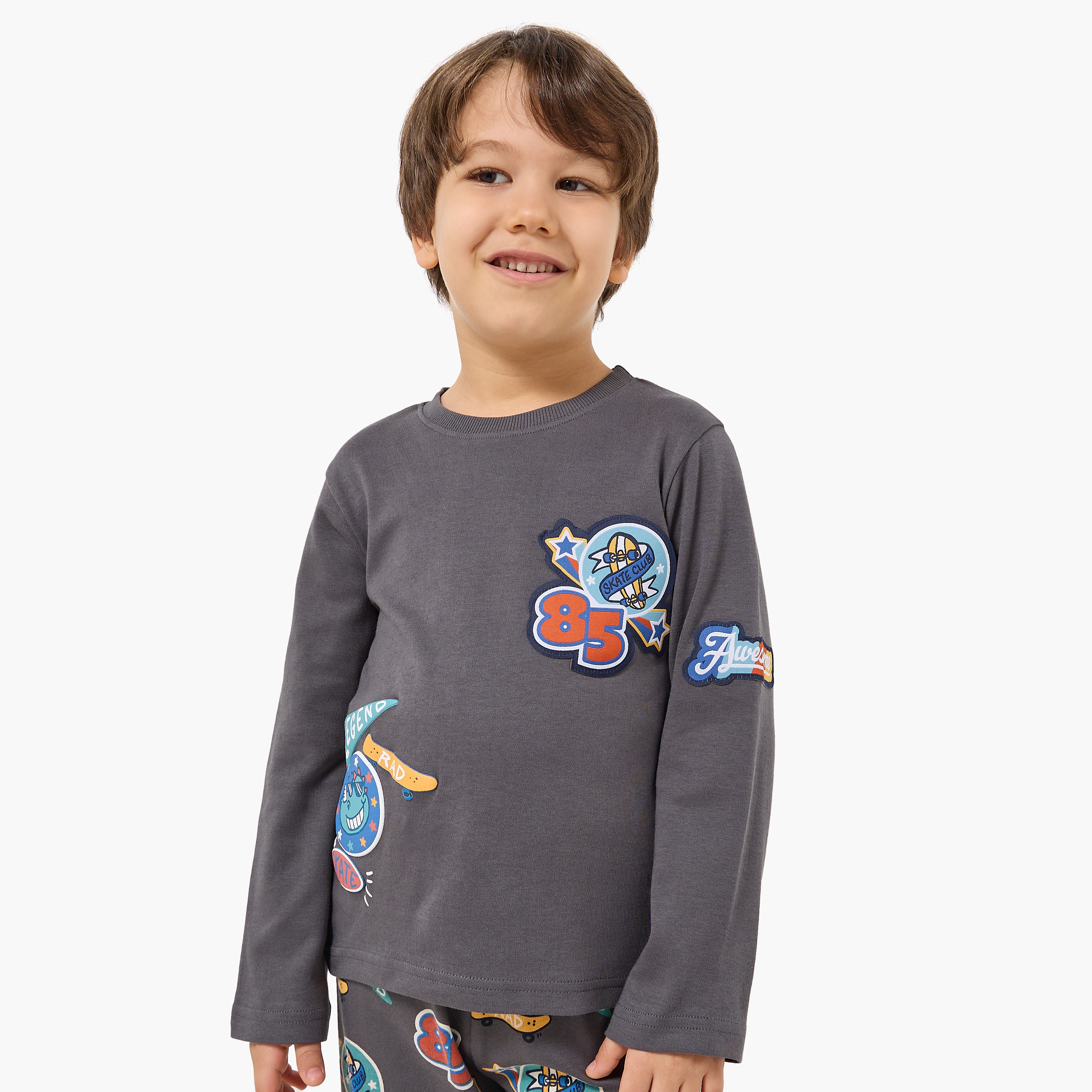 Juniors Cotton Crew Neck Long Sleeves Pyjama Set with Bear Print-boys-clothing-nightwear-image-2