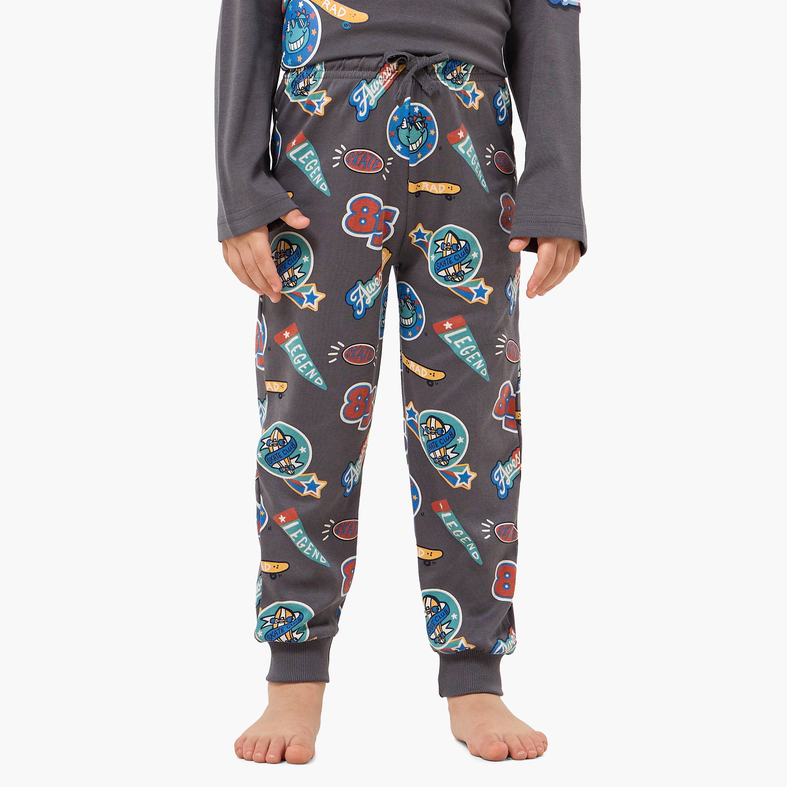 Juniors Cotton Crew Neck Long Sleeves Pyjama Set with Bear Print-boys-clothing-nightwear-image-3