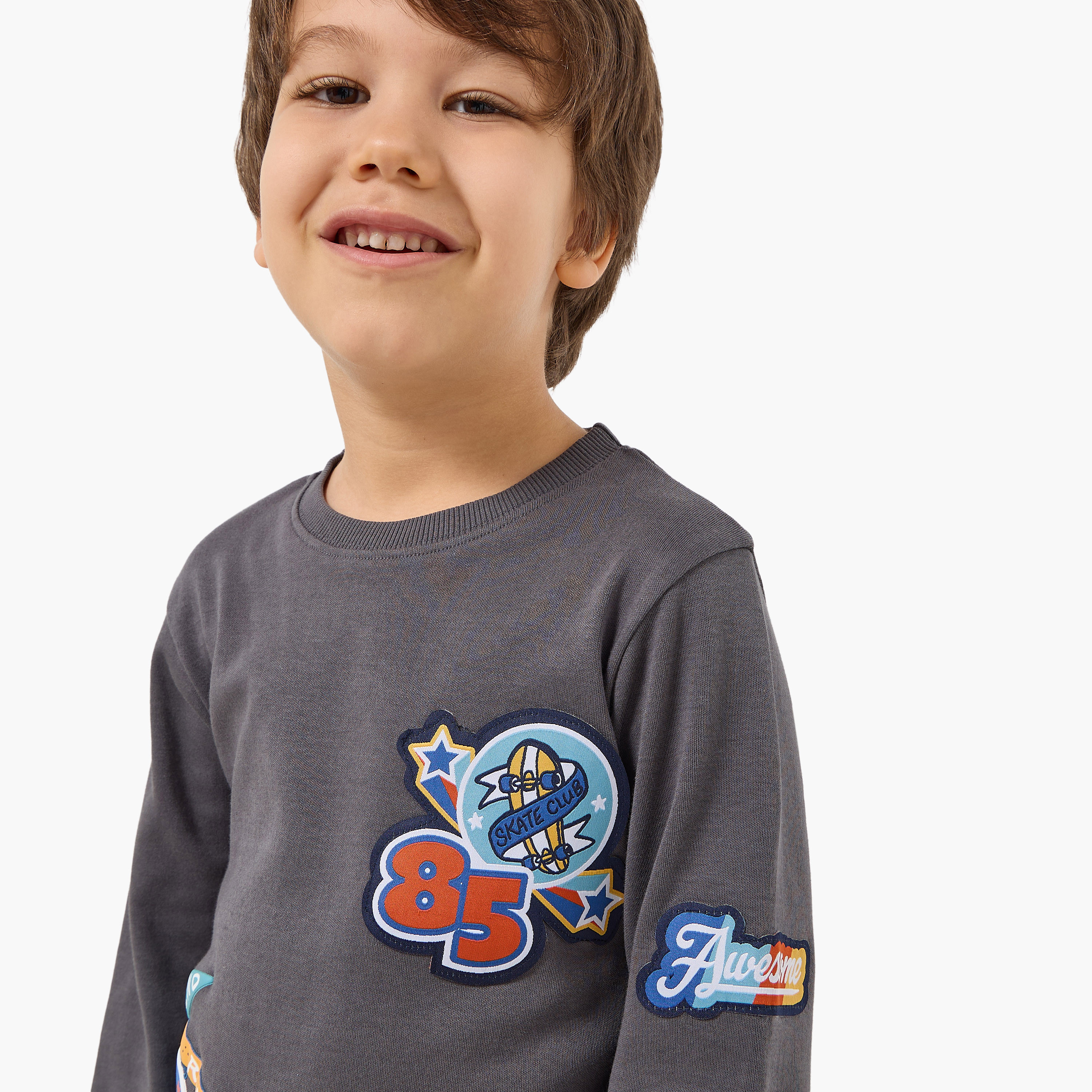 Juniors Cotton Crew Neck Long Sleeves Pyjama Set with Bear Print-boys-clothing-nightwear-image-5