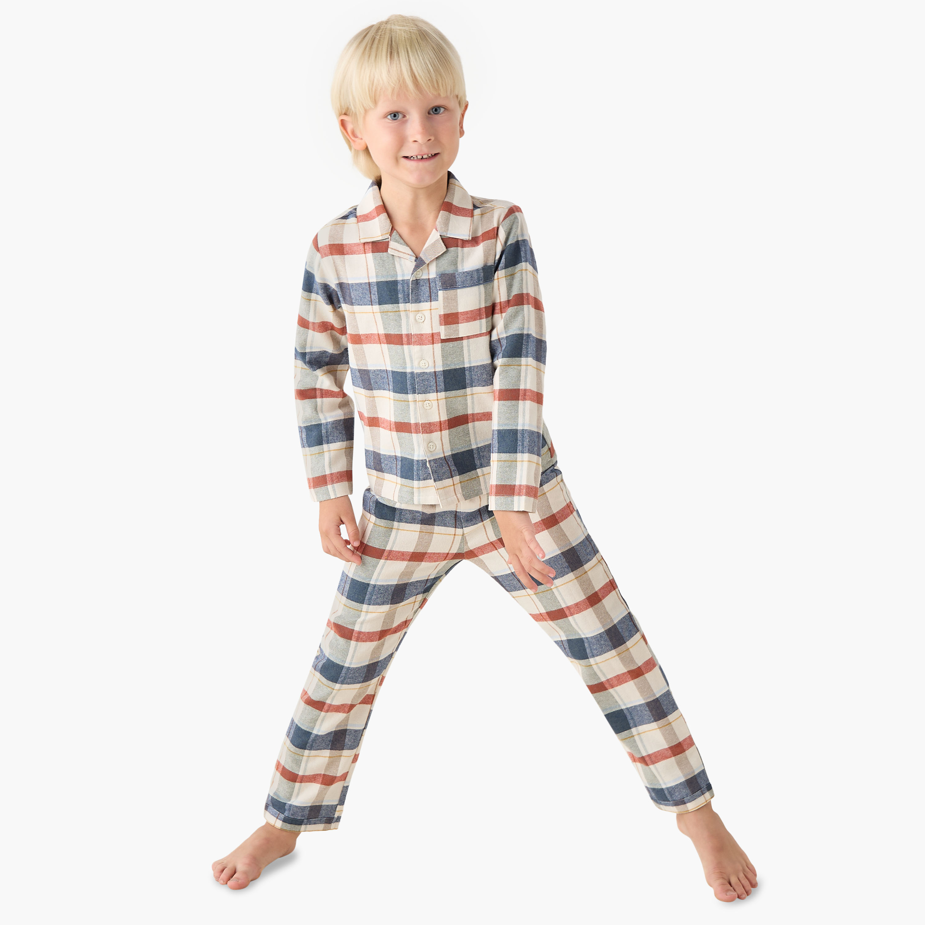 Juniors Cotton Camp Collar Long Sleeves Pyjama Set with Checked Design-boys-clothing-nightwear-image-1