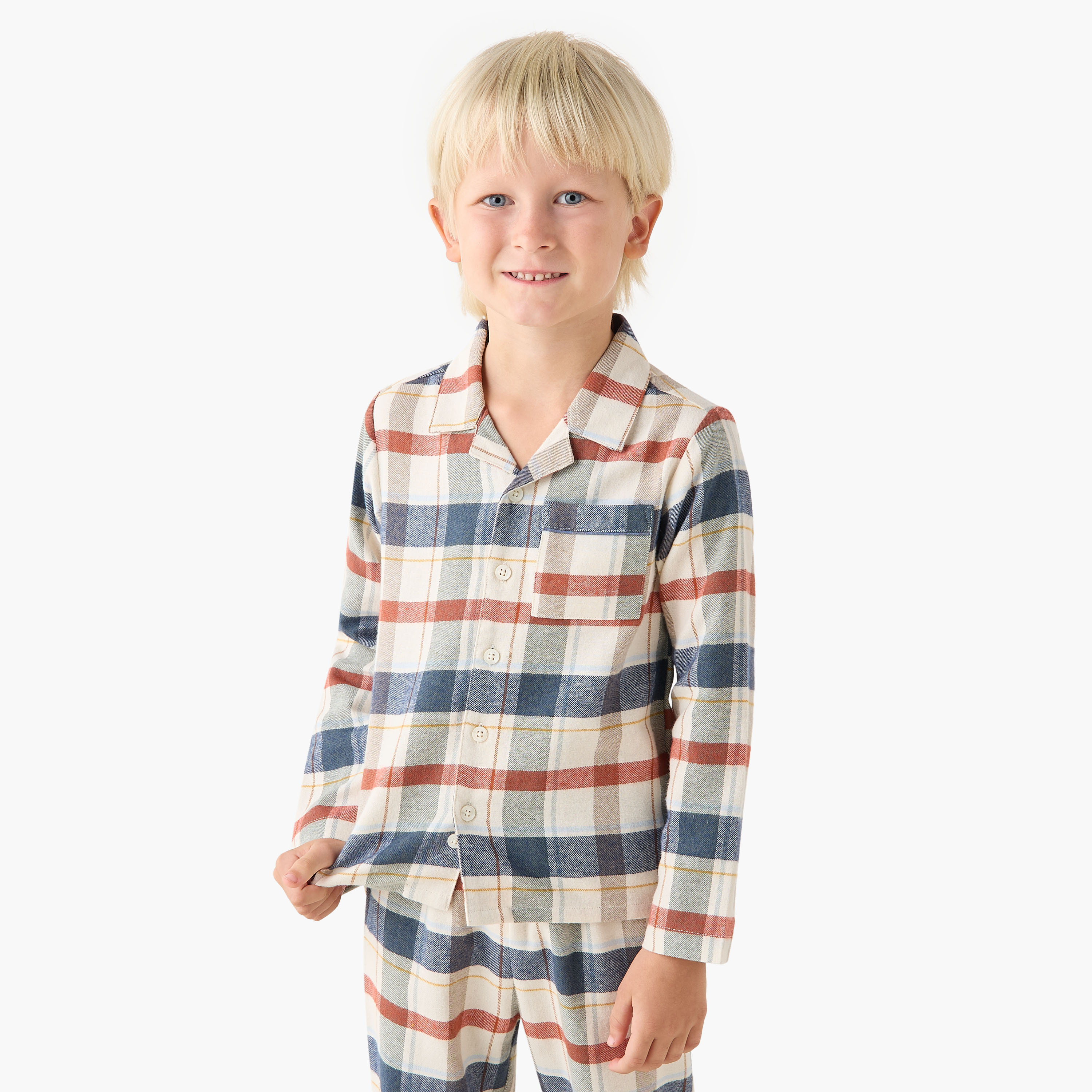 Juniors Cotton Camp Collar Long Sleeves Pyjama Set with Checked Design-boys-clothing-nightwear-image-2