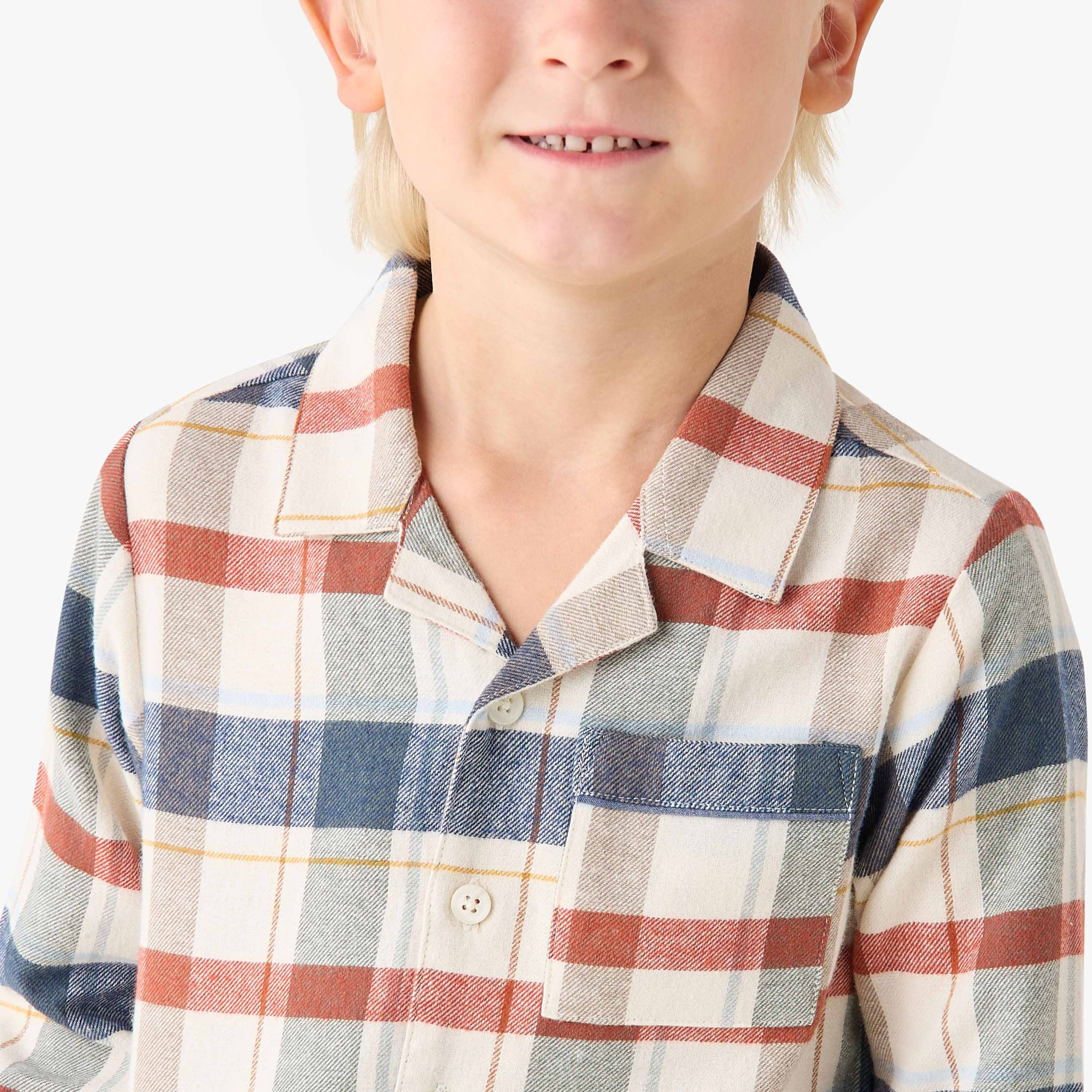 Juniors Cotton Camp Collar Long Sleeves Pyjama Set with Checked Design-boys-clothing-nightwear-image-5