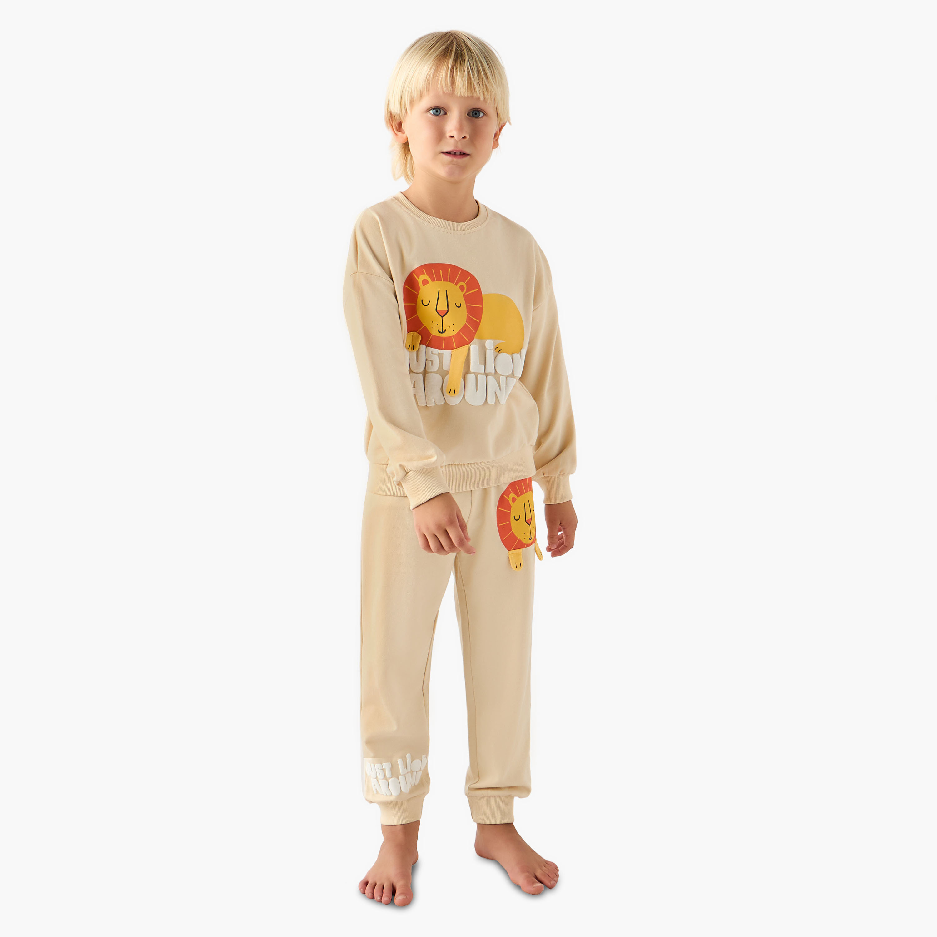 Juniors Crew Neck Long Sleeves Pyjama Set with Lion Applique-boys-clothing-nightwear-image-1