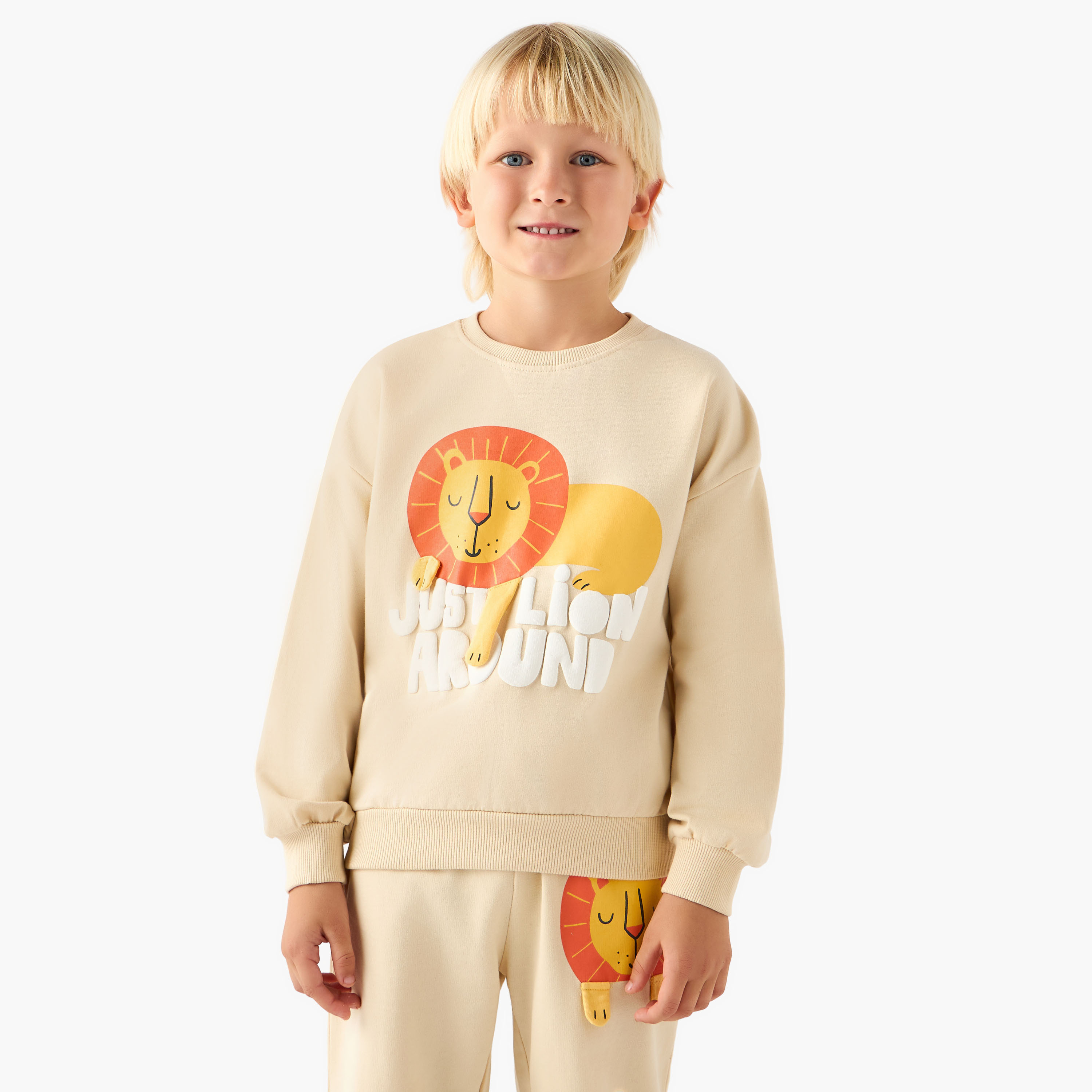 Juniors Crew Neck Long Sleeves Pyjama Set with Lion Applique-boys-clothing-nightwear-image-2