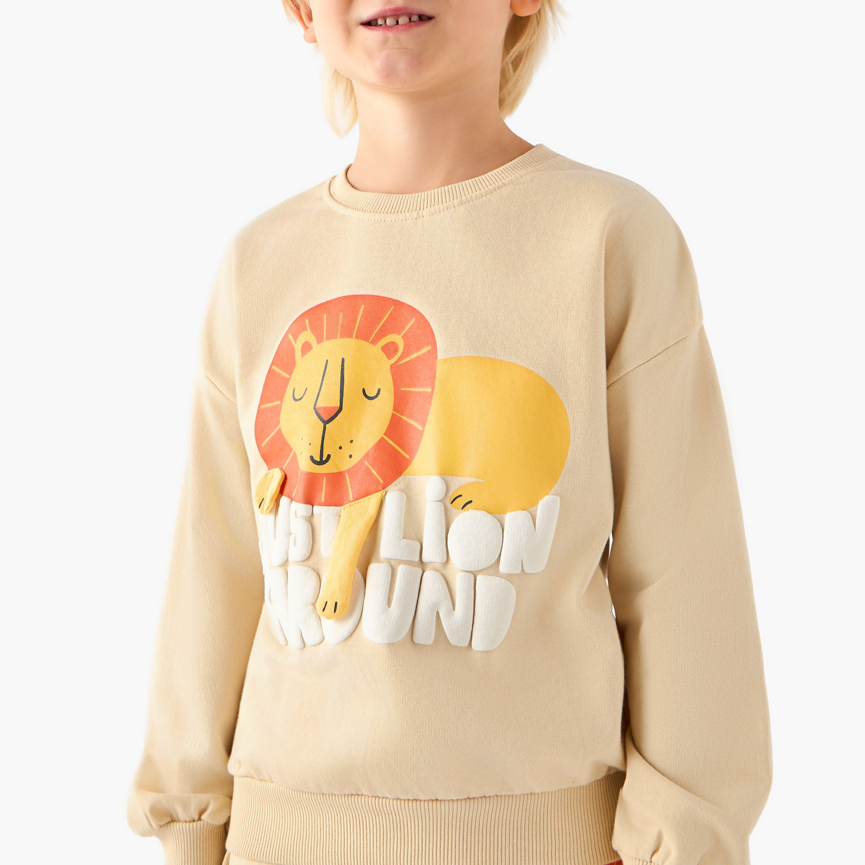 Juniors Crew Neck Long Sleeves Pyjama Set with Lion Applique-boys-clothing-nightwear-image-5