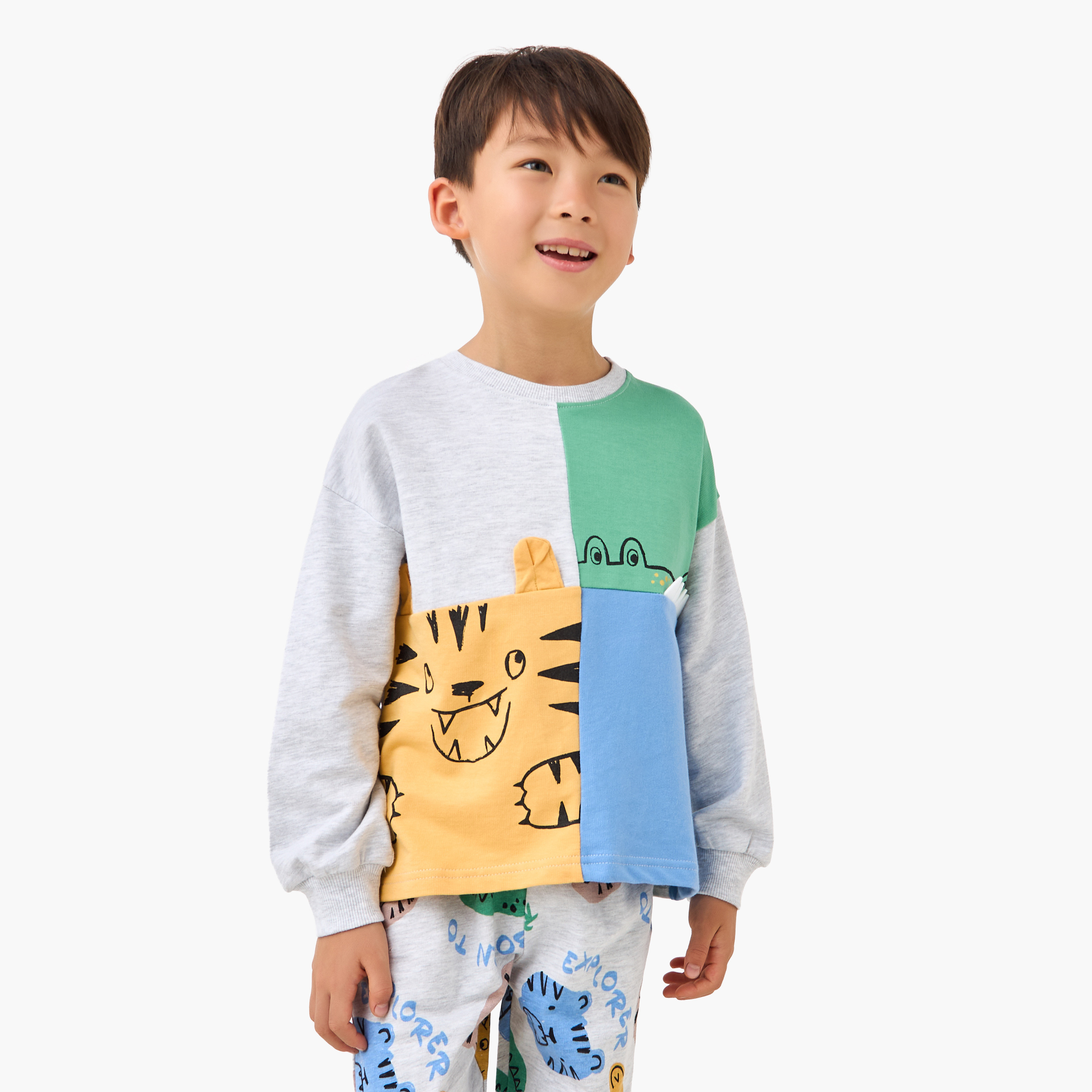 Juniors Cotton Round Neck Long Sleeves Pyjama Set with Applique-boys-clothing-nightwear-image-2