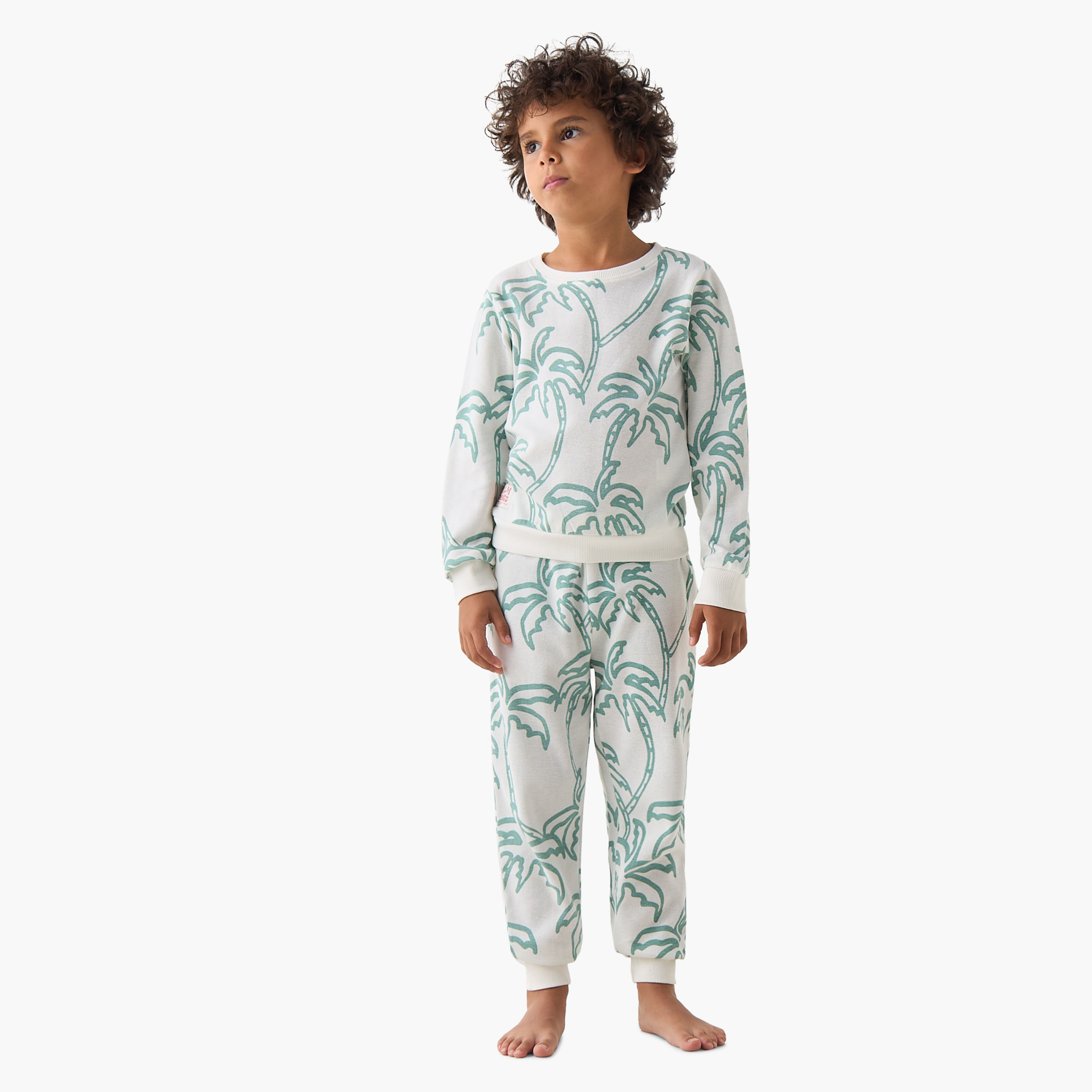 Juniors Cotton Crew Neck Long Sleeves Pyjama Set with Palm Tree Print-boys-clothing-nightwear-image-1