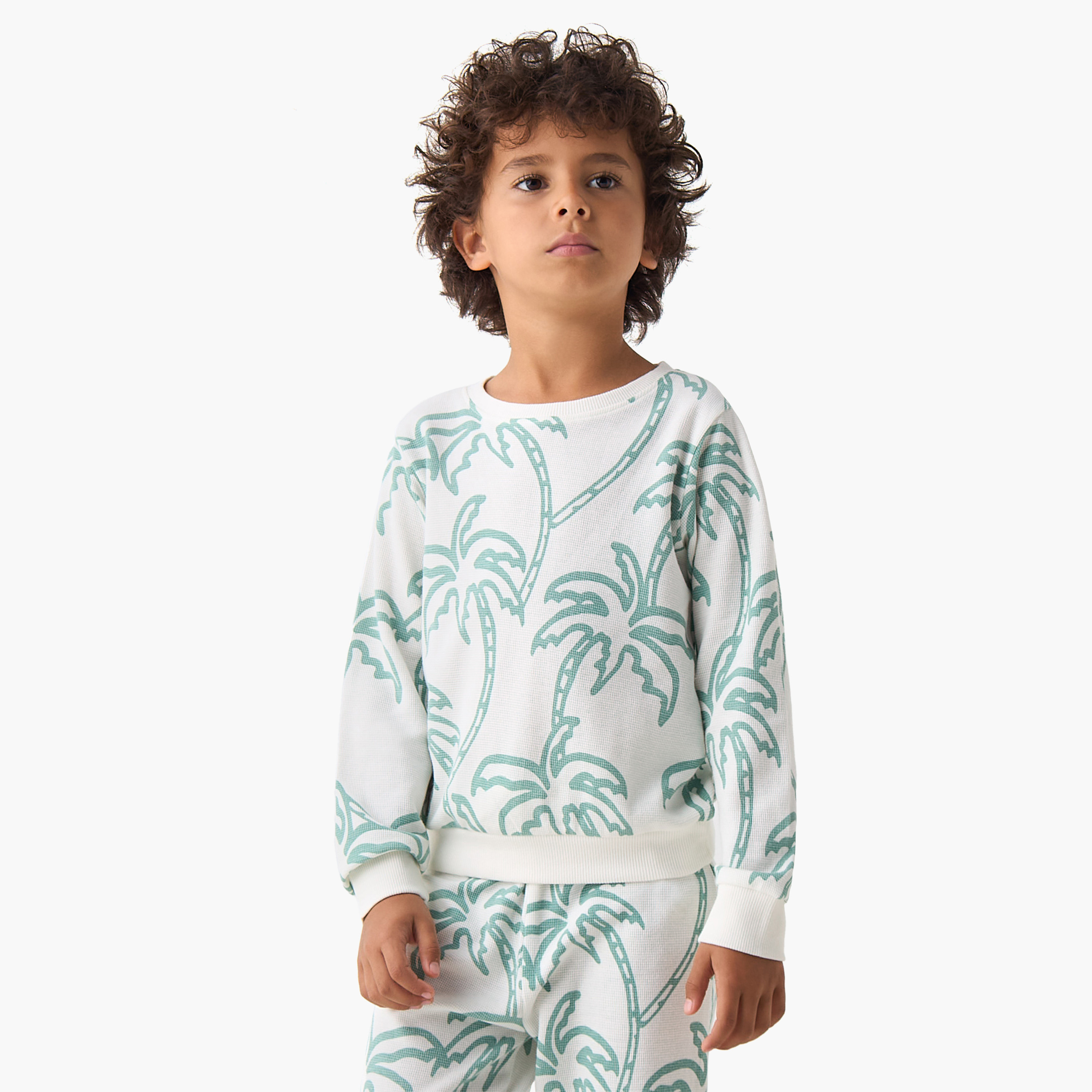 Juniors Cotton Crew Neck Long Sleeves Pyjama Set with Palm Tree Print-boys-clothing-nightwear-image-2