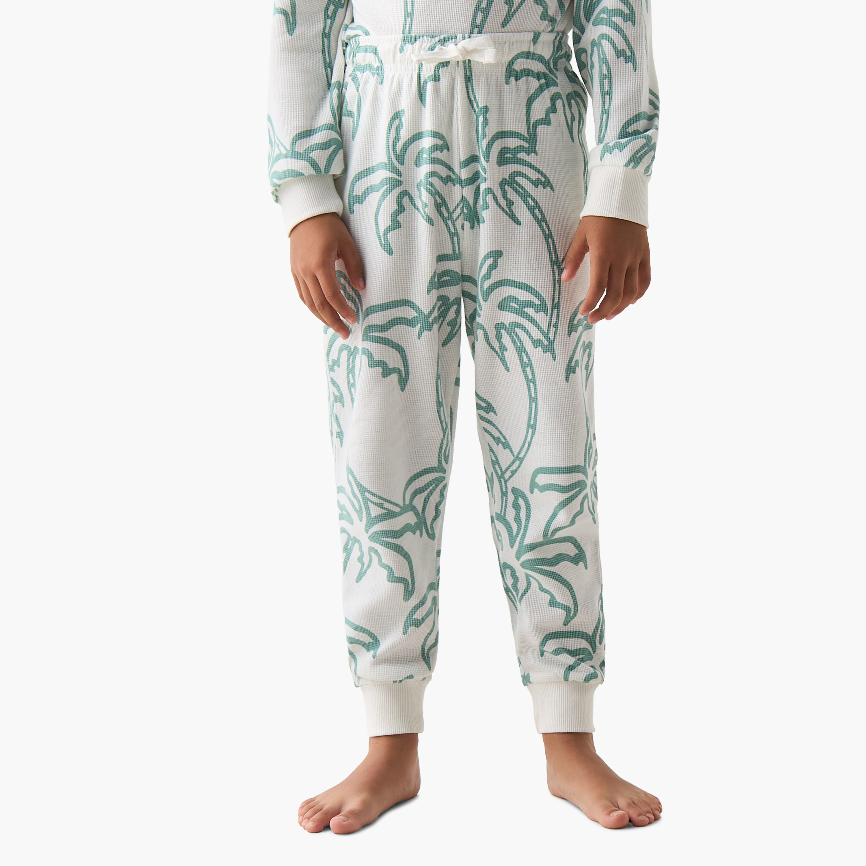 Juniors Cotton Crew Neck Long Sleeves Pyjama Set with Palm Tree Print-boys-clothing-nightwear-image-3