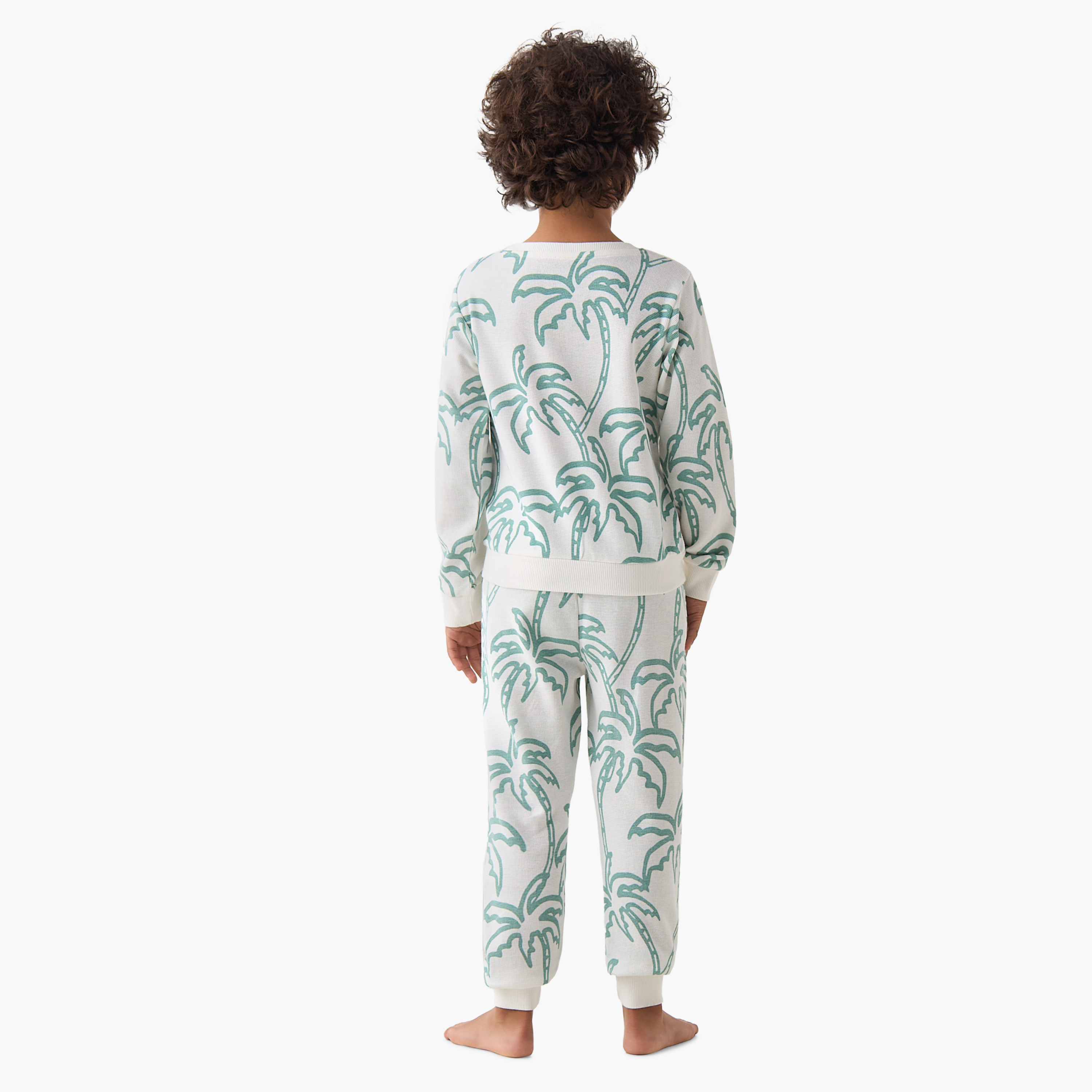Juniors Cotton Crew Neck Long Sleeves Pyjama Set with Palm Tree Print-boys-clothing-nightwear-image-4