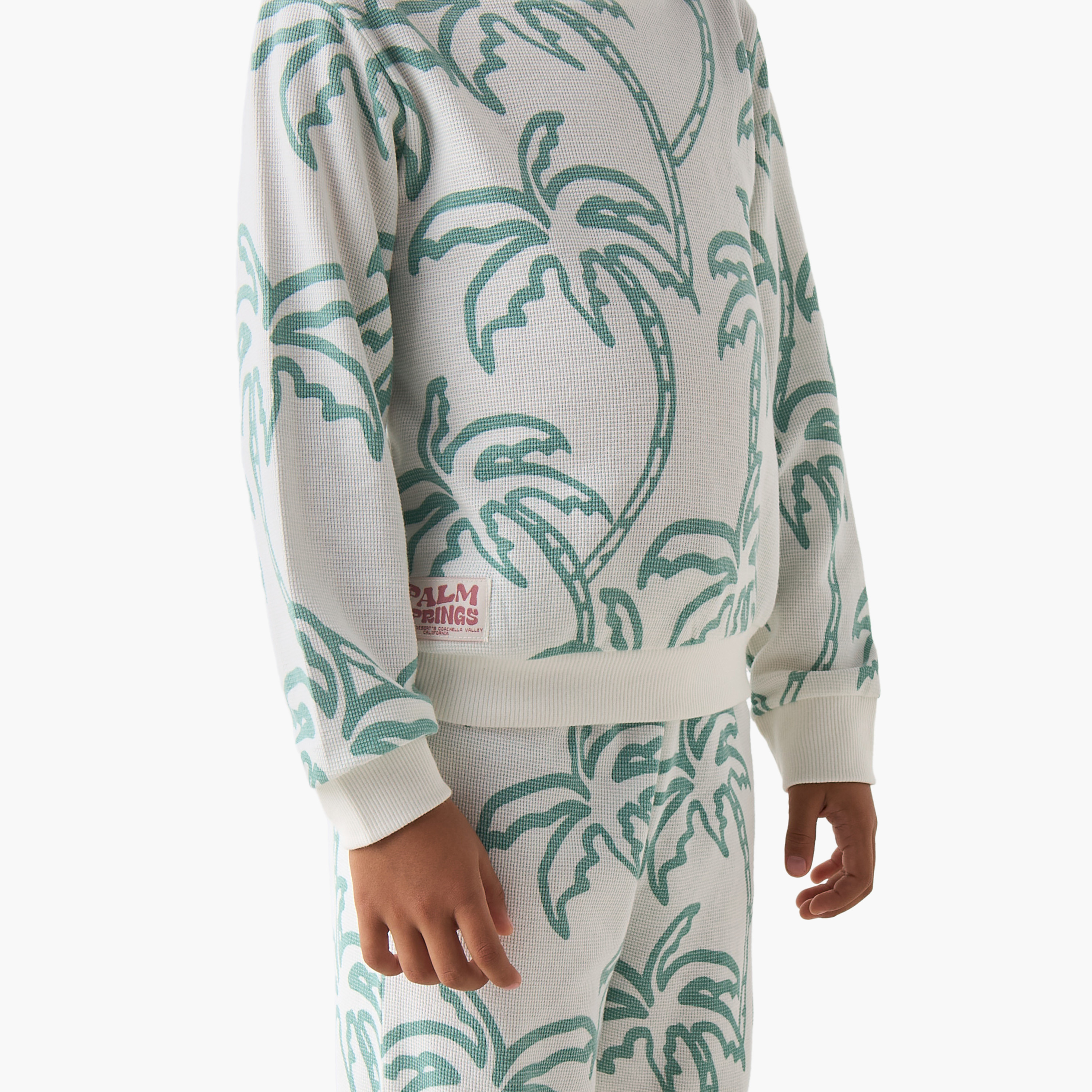 Juniors Cotton Crew Neck Long Sleeves Pyjama Set with Palm Tree Print-boys-clothing-nightwear-image-5