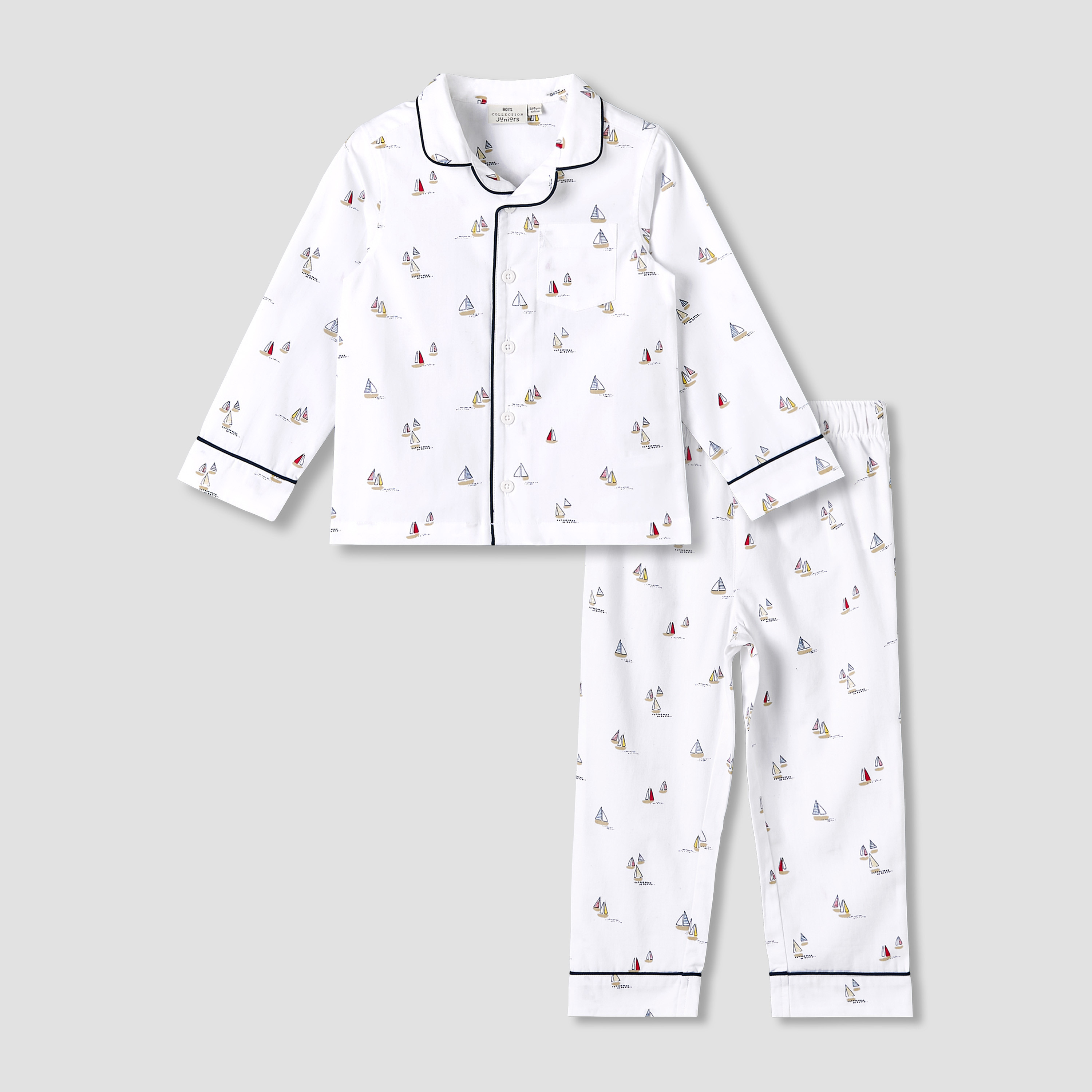 Juniors Cotton Collared Neck Long Sleeves Pyjama Set with Drawstring Waist-boys-clothing-nightwear-image-2