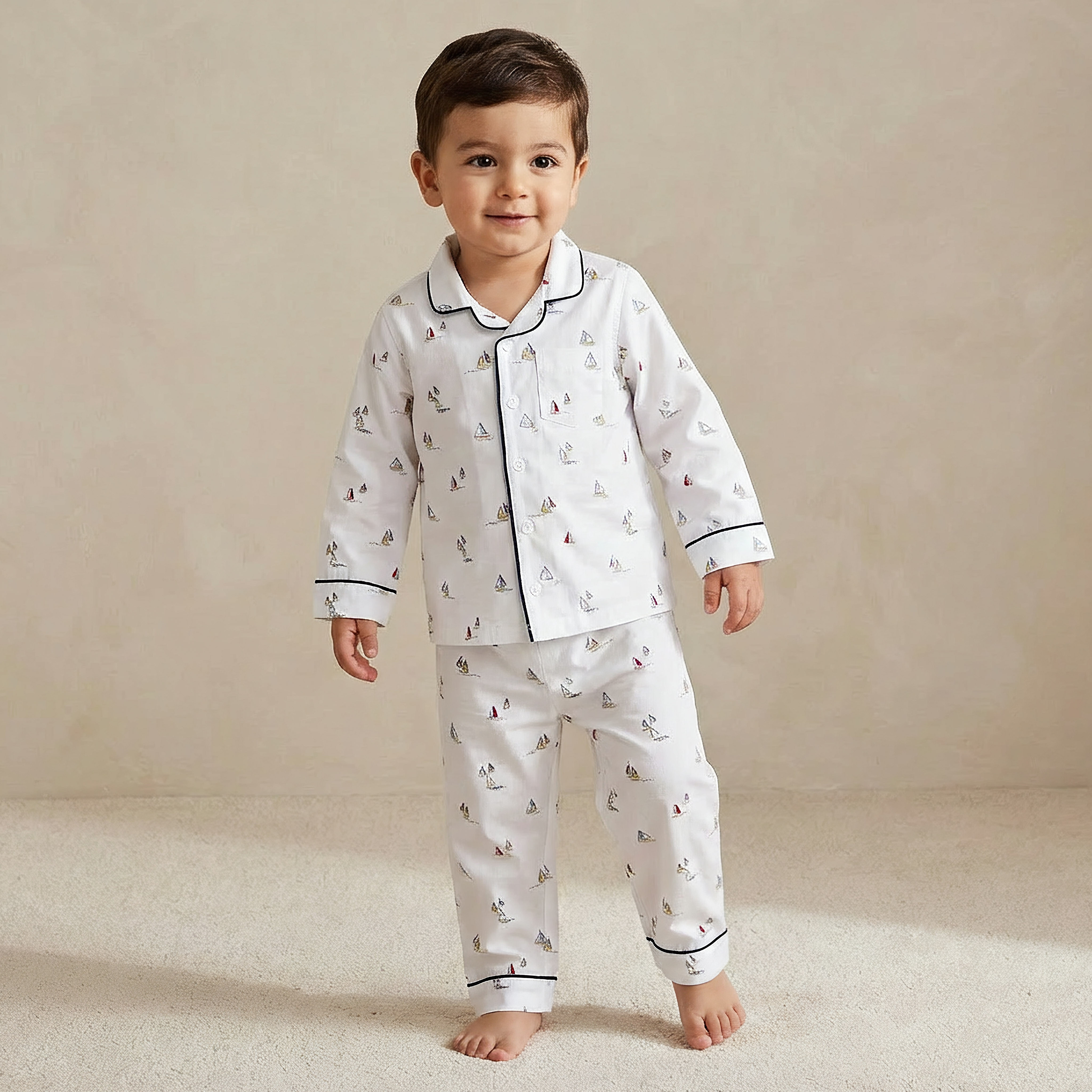 Juniors Cotton Collared Neck Long Sleeves Pyjama Set with Drawstring Waist-boys-clothing-nightwear-image-1