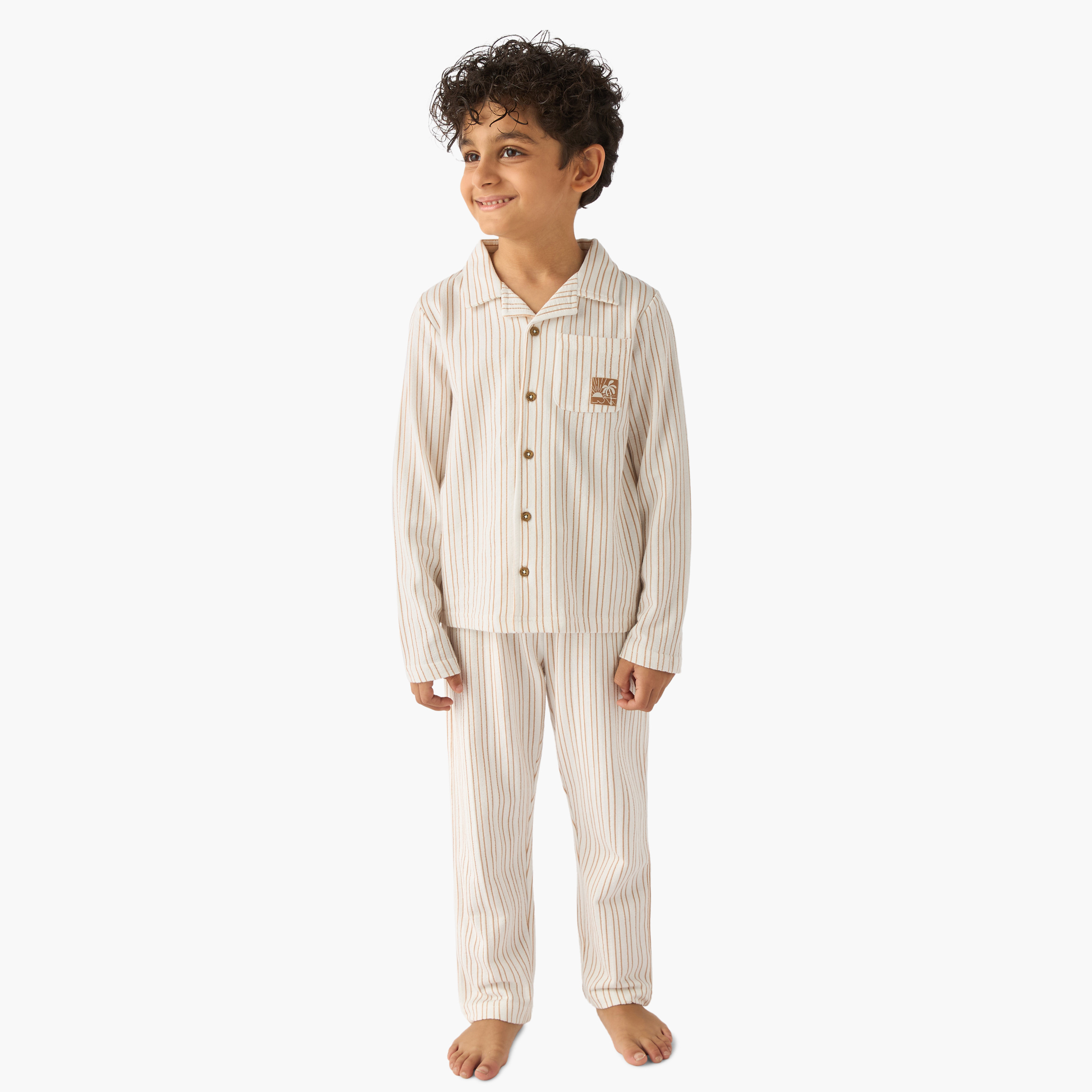 Juniors Cotton Collared Long Sleeves Pyjama Set with Stripes-boys-clothing-nightwear-image-1