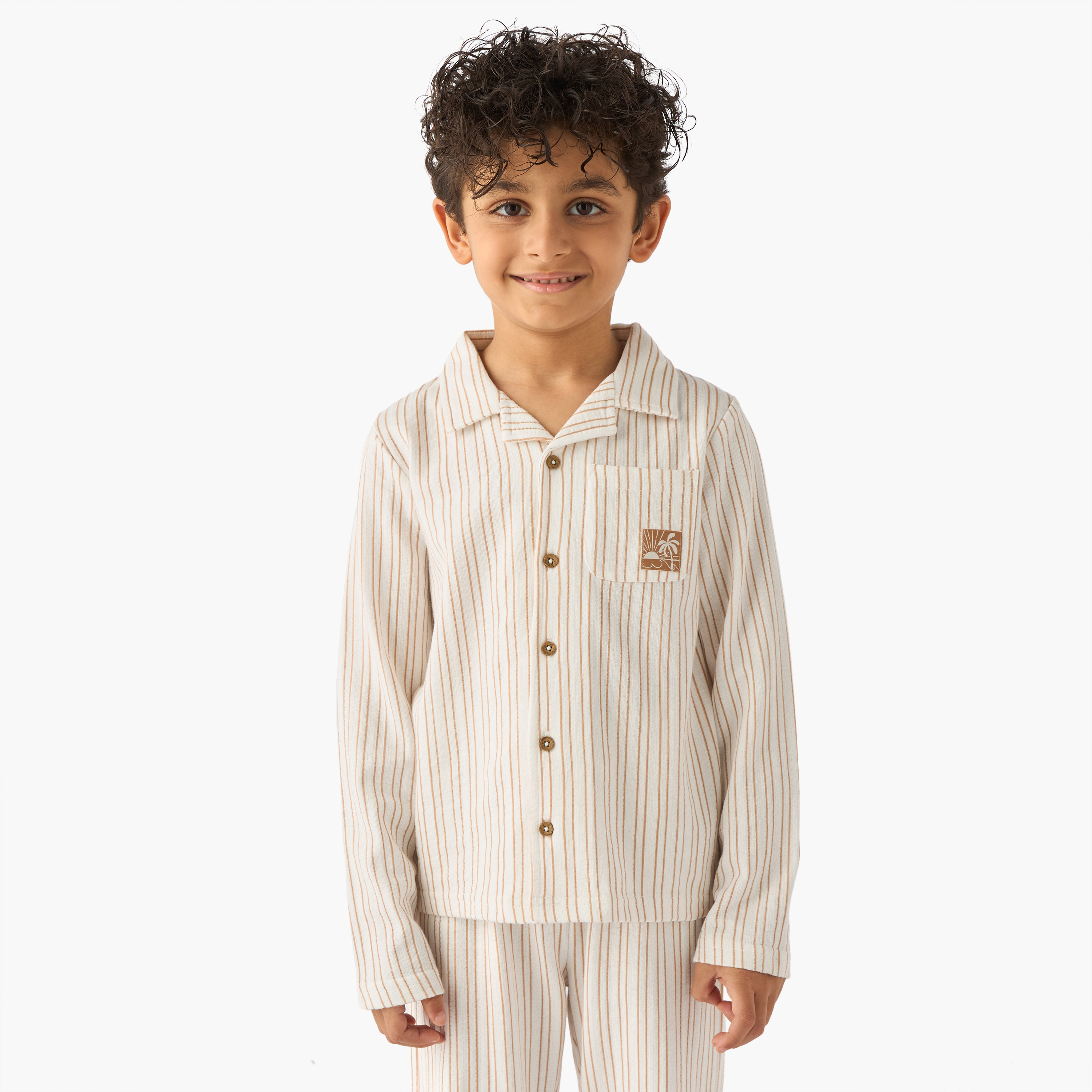 Juniors Cotton Collared Long Sleeves Pyjama Set with Stripes-boys-clothing-nightwear-image-2