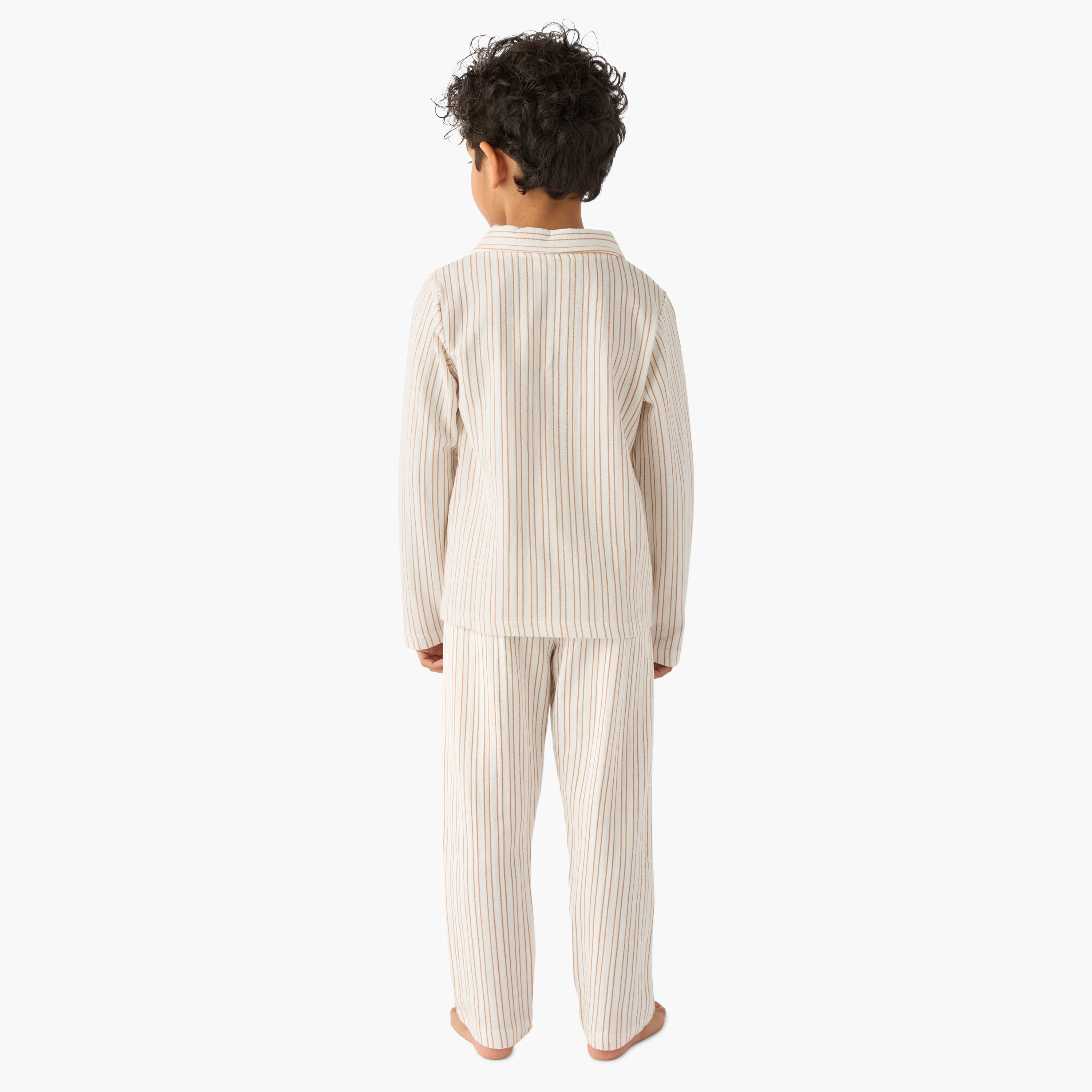 Juniors Cotton Collared Long Sleeves Pyjama Set with Stripes-boys-clothing-nightwear-image-4