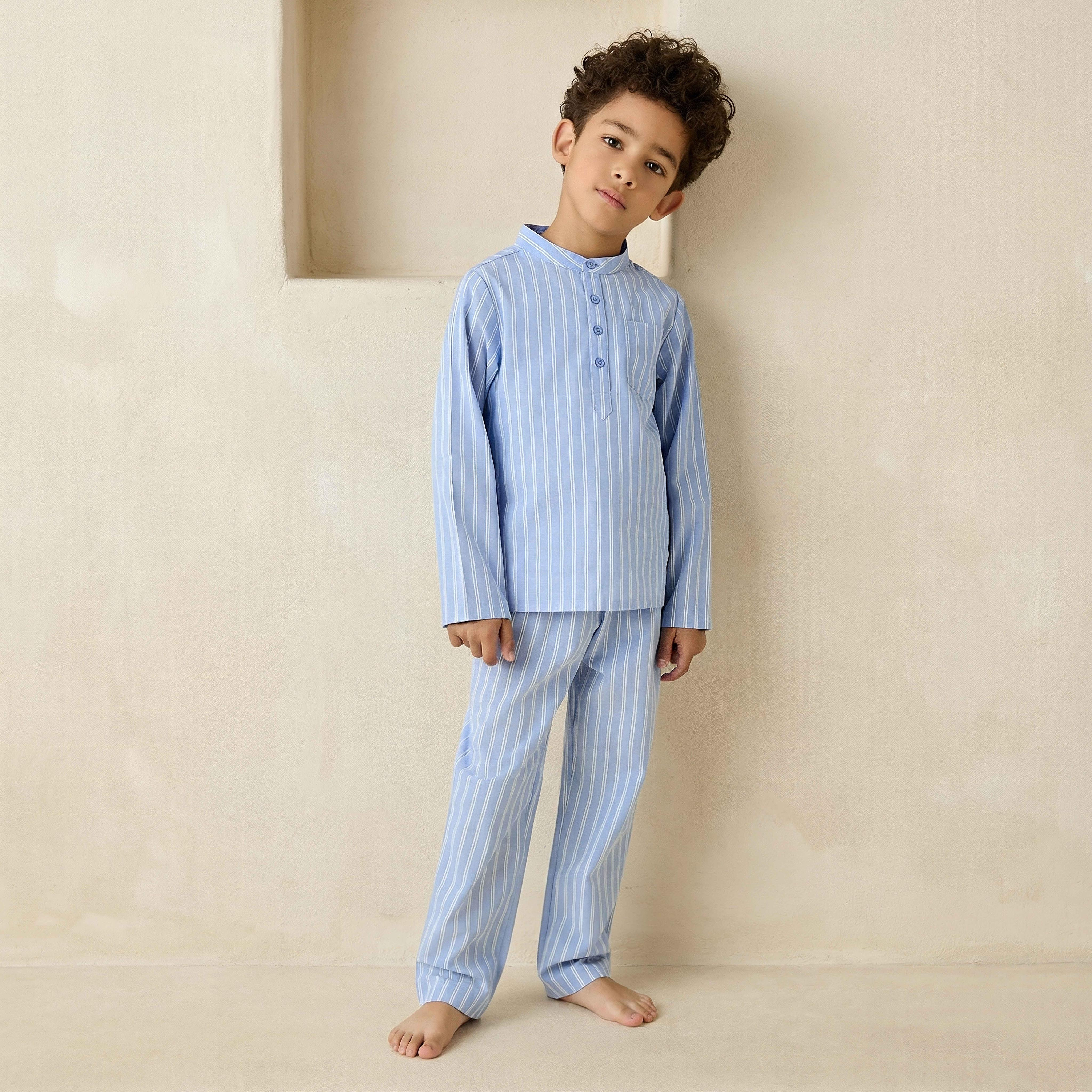 Juniors Cotton Mandarin Collar Long Sleeve Pyjama Set with Stripes-boys-clothing-nightwear-image-1
