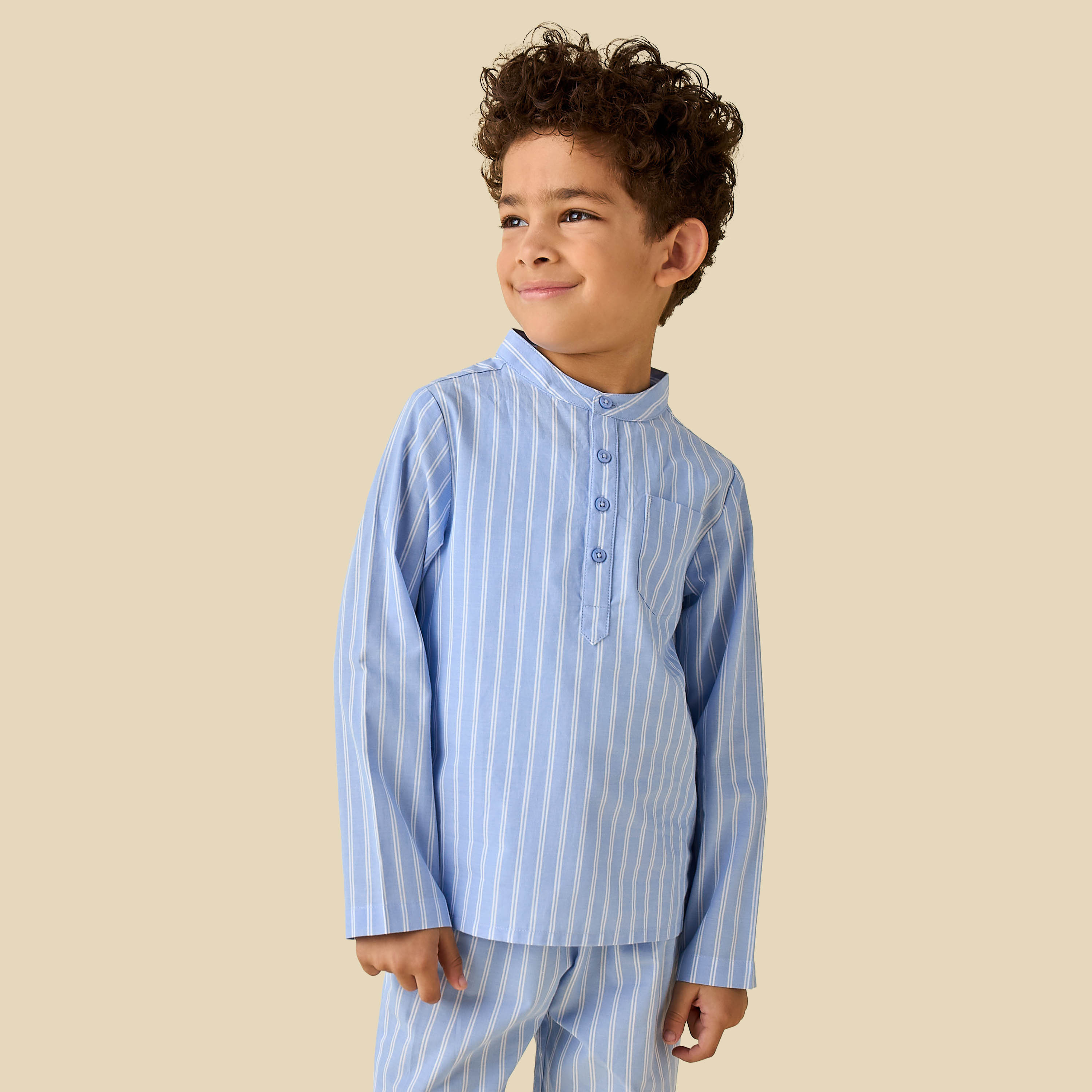 Juniors Cotton Mandarin Collar Long Sleeve Pyjama Set with Stripes-boys-clothing-nightwear-image-2