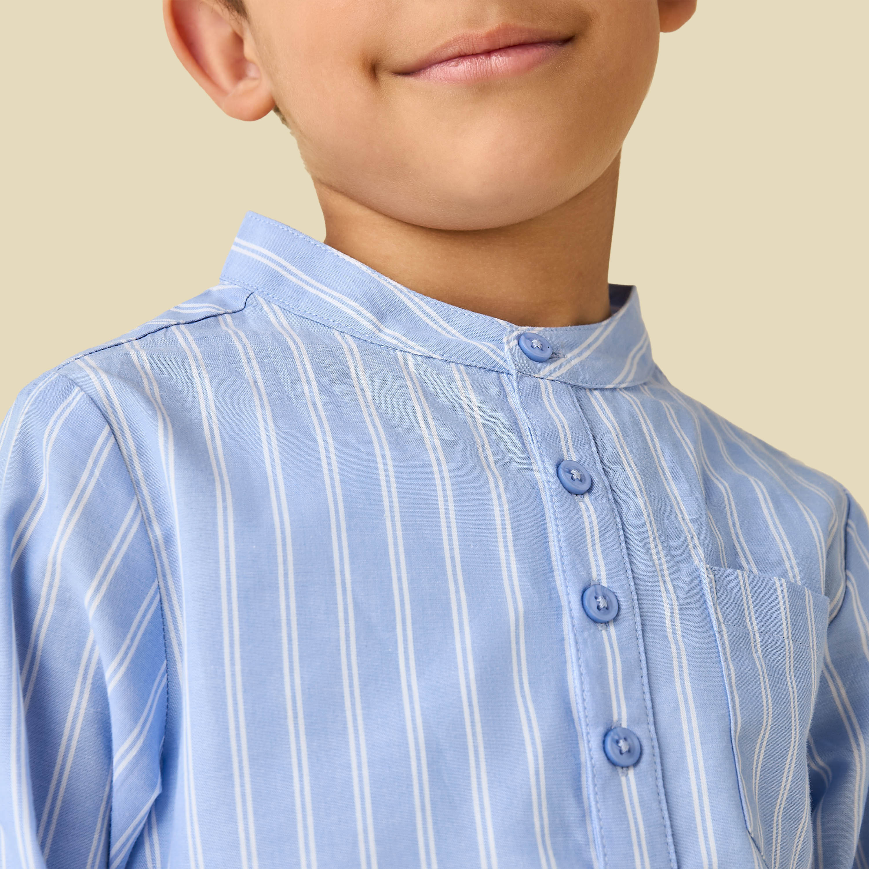 Juniors Cotton Mandarin Collar Long Sleeve Pyjama Set with Stripes-boys-clothing-nightwear-image-6