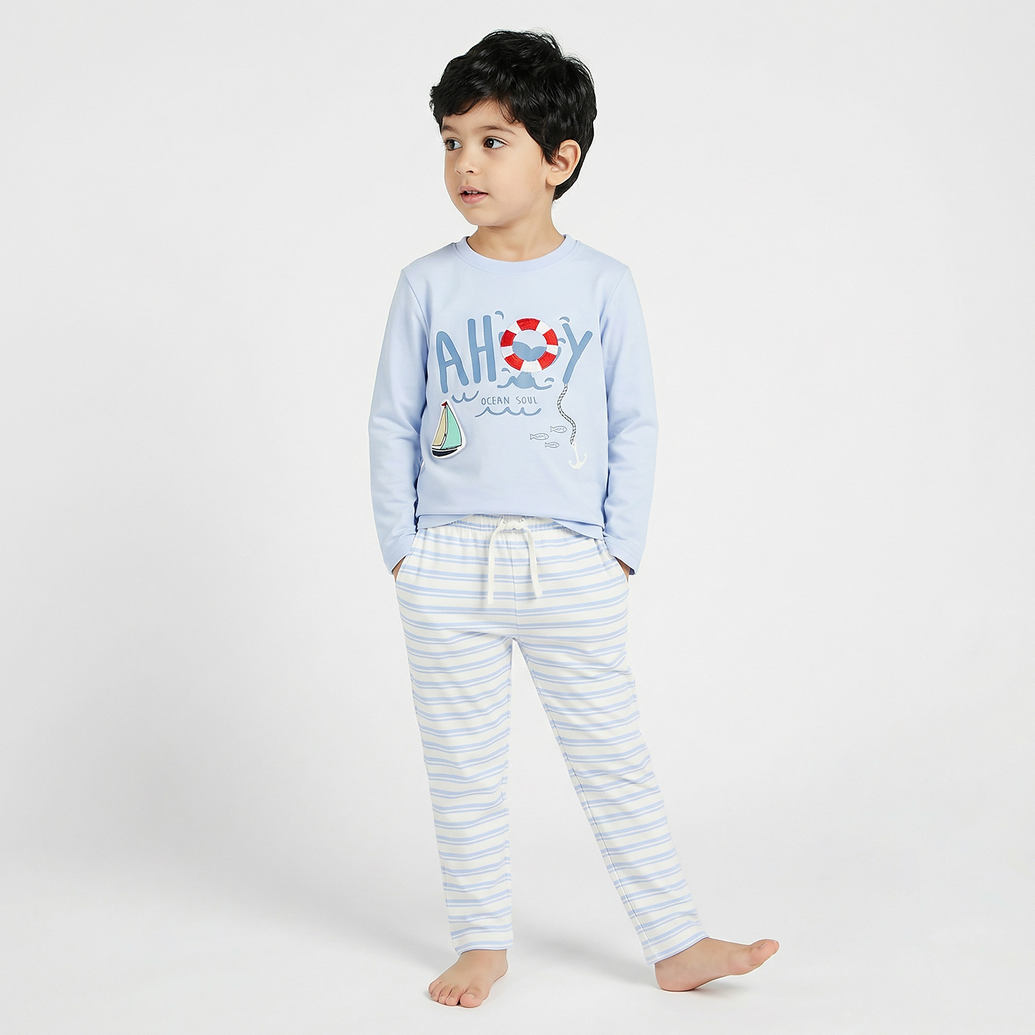Juniors Cotton Crew Neck Long Sleeve Pyjama Set with Nautical Print-boys-clothing-nightwear-image-1