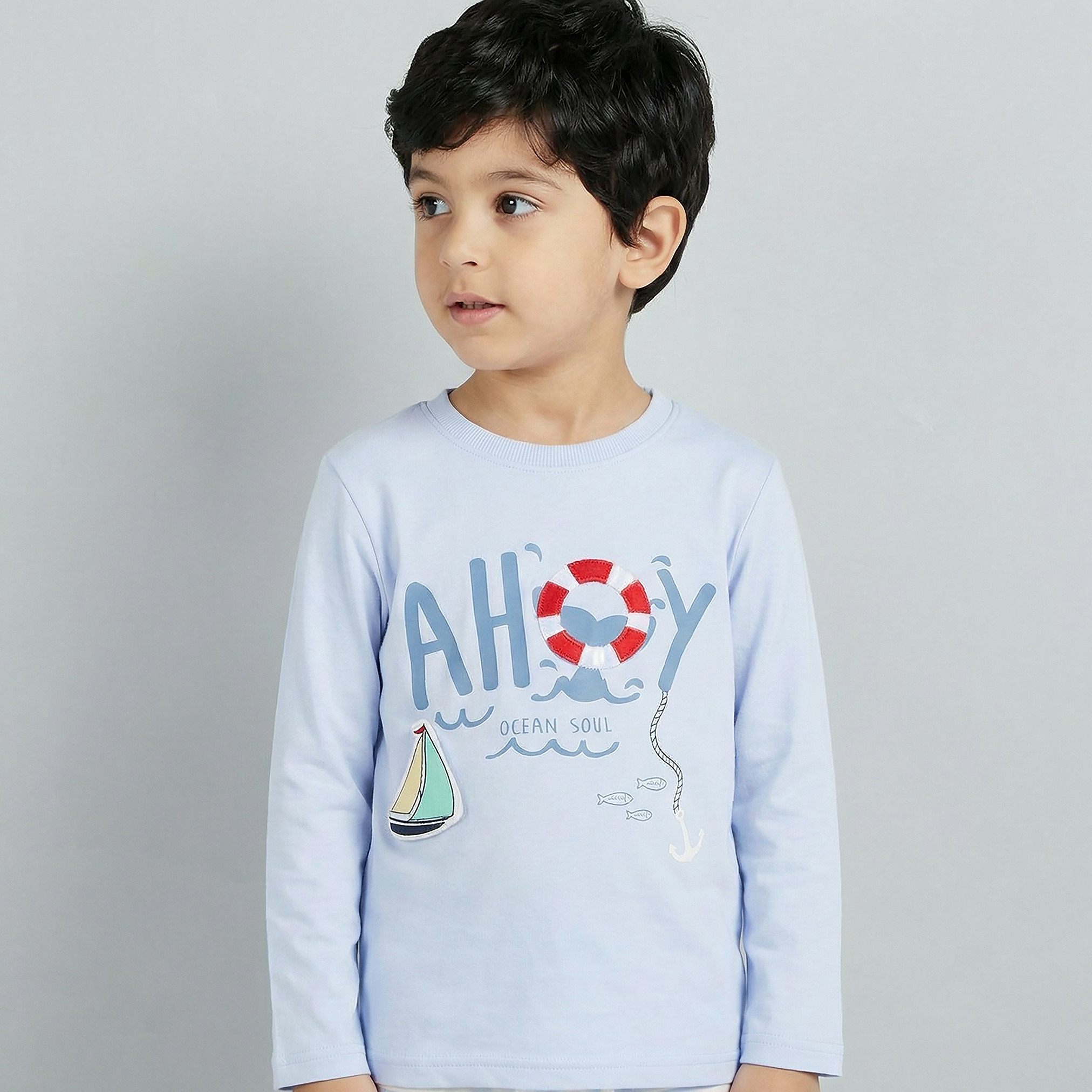 Juniors Cotton Crew Neck Long Sleeve Pyjama Set with Nautical Print-boys-clothing-nightwear-image-2