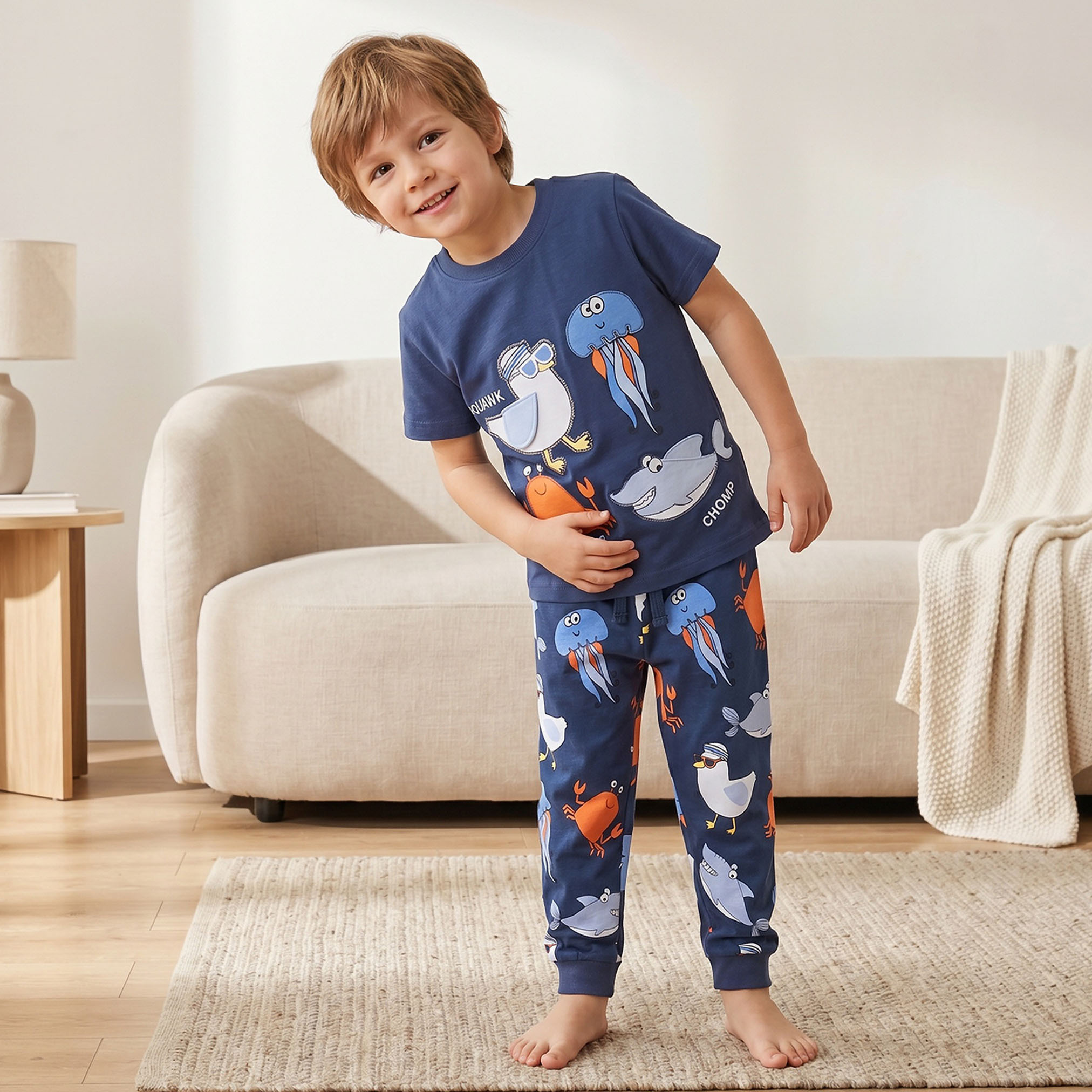 طقم بيجاما قطن بطبعات المحيط وأكمام قصيرة وياقة ضيقة من جونيورز-boys-clothing-nightwear-image-1