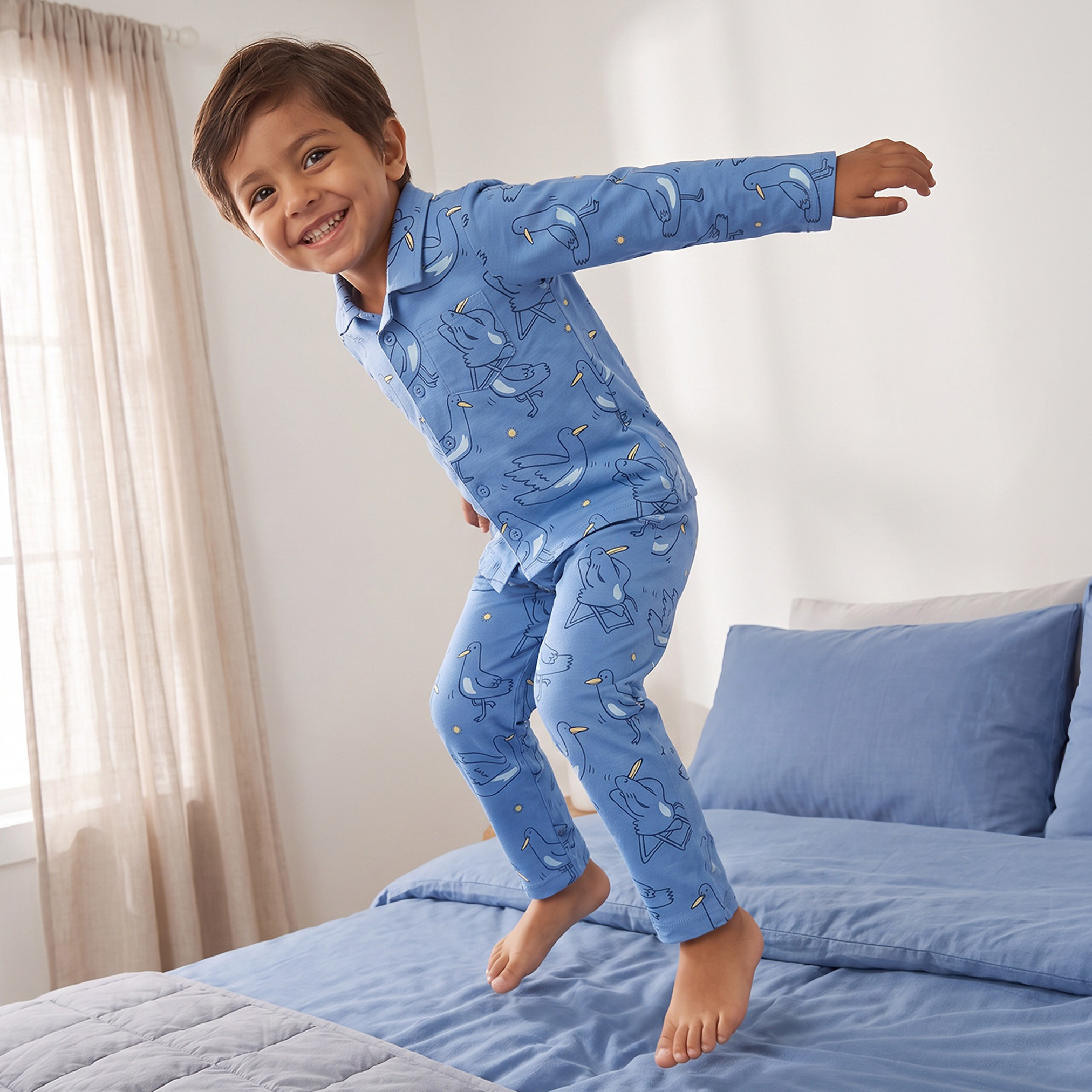 Juniors Cotton Collared Long Sleeves Pyjama Set with Bird Print-boys-clothing-nightwear-image-1