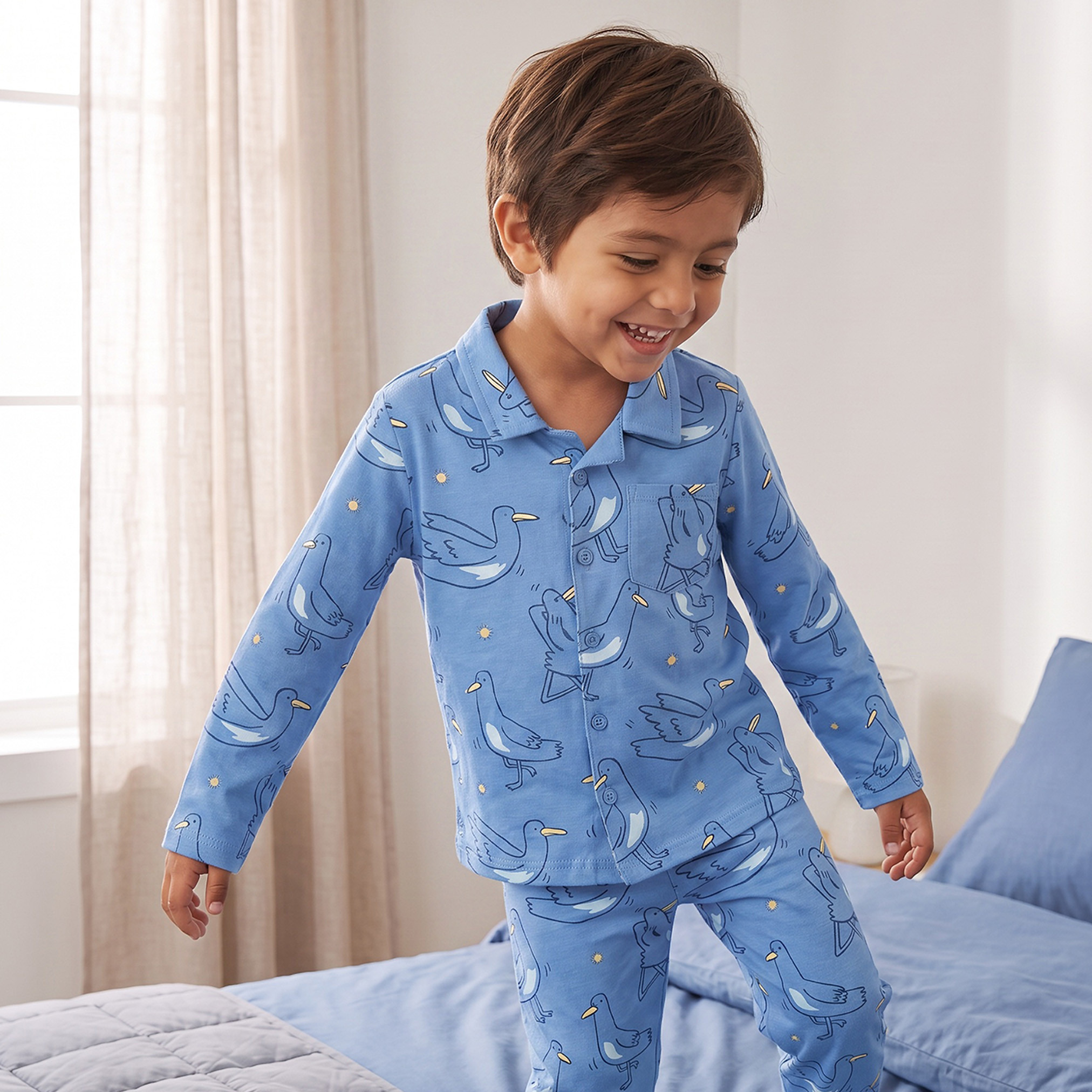 Juniors Cotton Collared Long Sleeves Pyjama Set with Bird Print-boys-clothing-nightwear-image-2