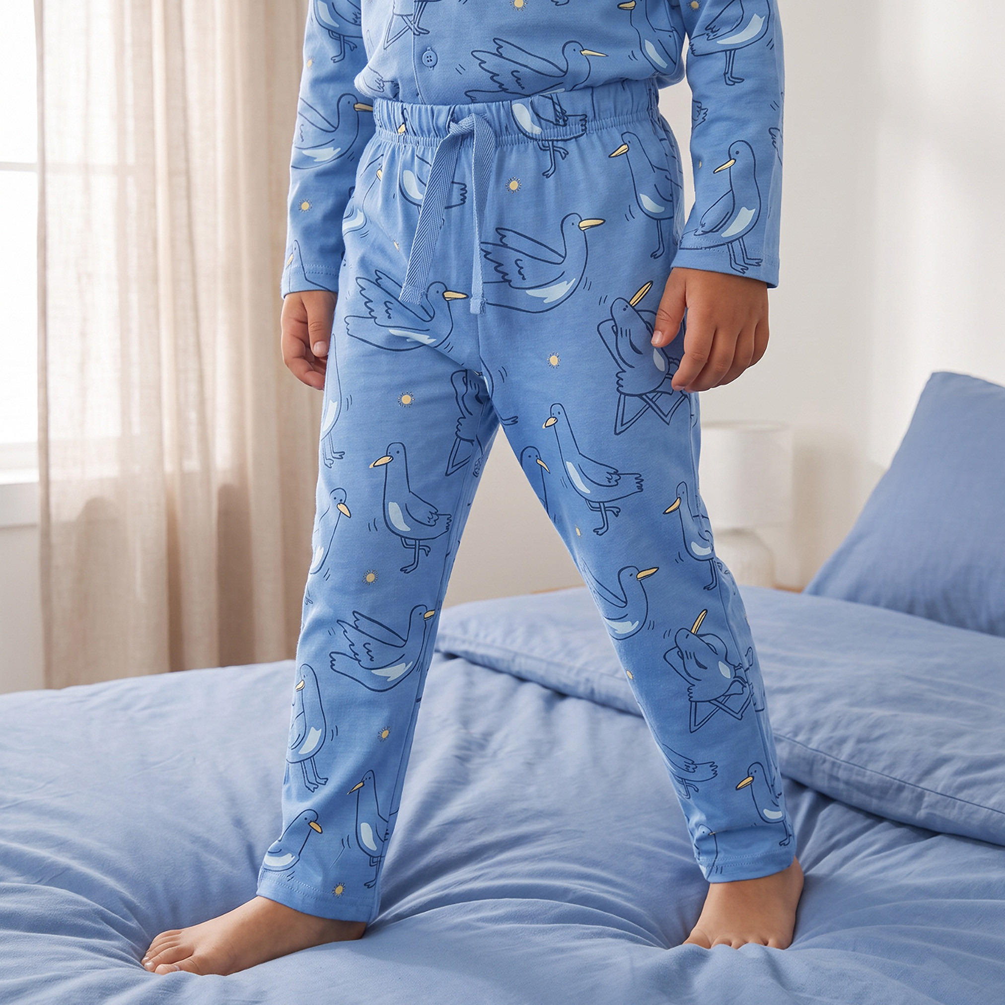 Juniors Cotton Collared Long Sleeves Pyjama Set with Bird Print-boys-clothing-nightwear-image-3