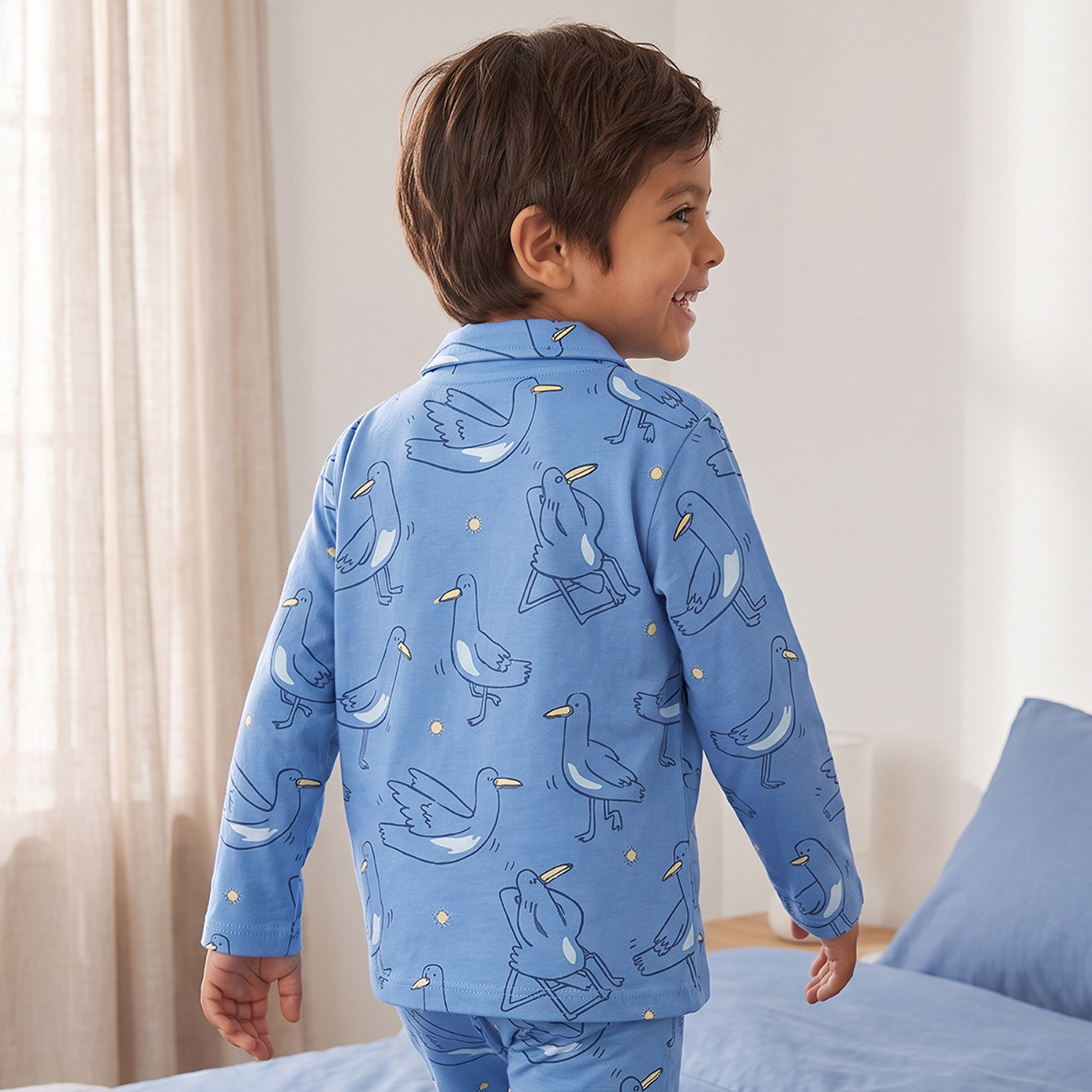 Juniors Cotton Collared Long Sleeves Pyjama Set with Bird Print-boys-clothing-nightwear-image-4