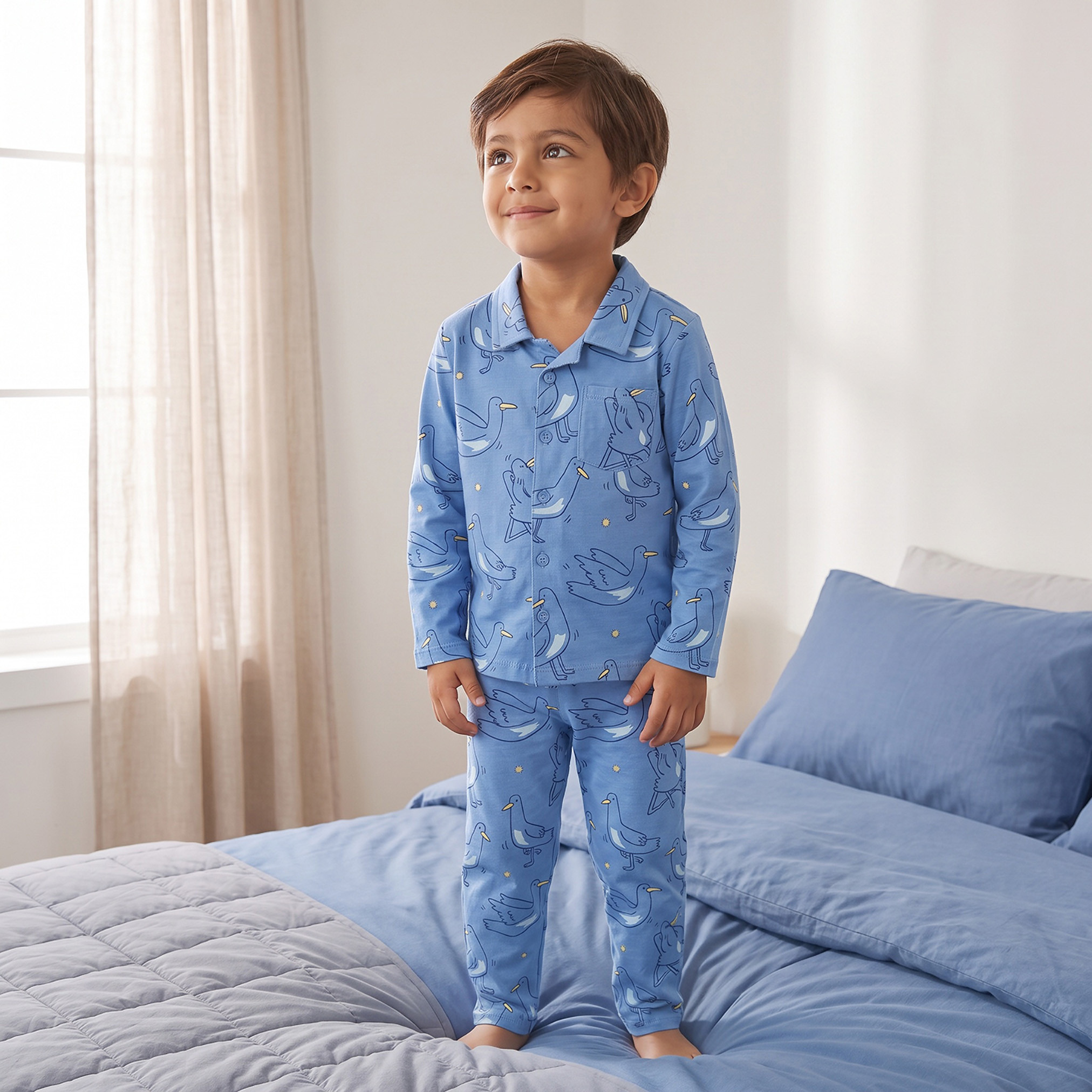 Juniors Cotton Collared Long Sleeves Pyjama Set with Bird Print-boys-clothing-nightwear-image-5