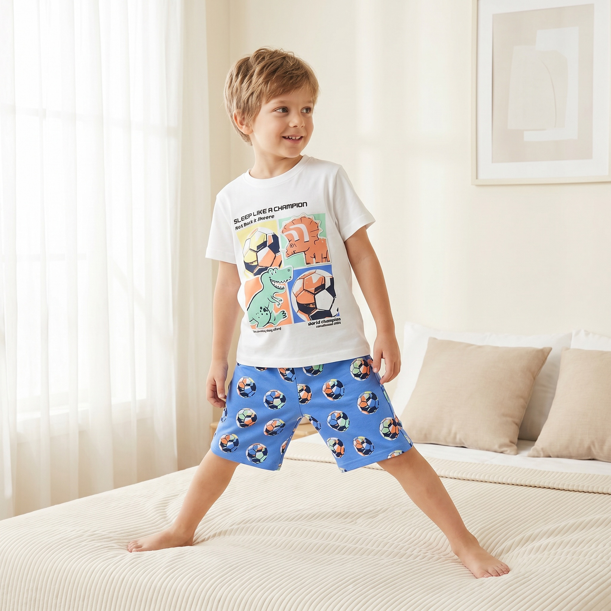 Juniors Cotton Crew Neck Short Sleeves Pyjama Set with Dinosaur and Football Print-boys-clothing-nightwear-image-1