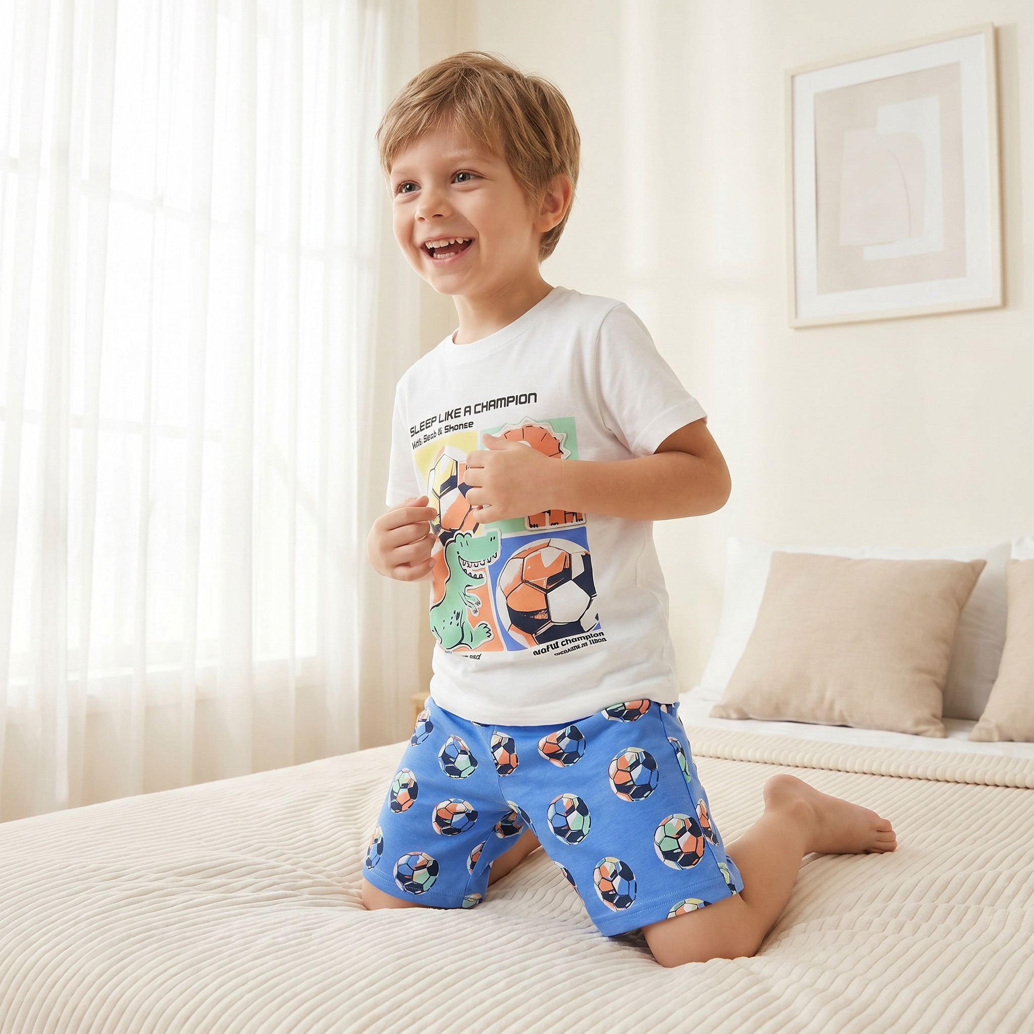 Juniors Cotton Crew Neck Short Sleeves Pyjama Set with Dinosaur and Football Print-boys-clothing-nightwear-image-3