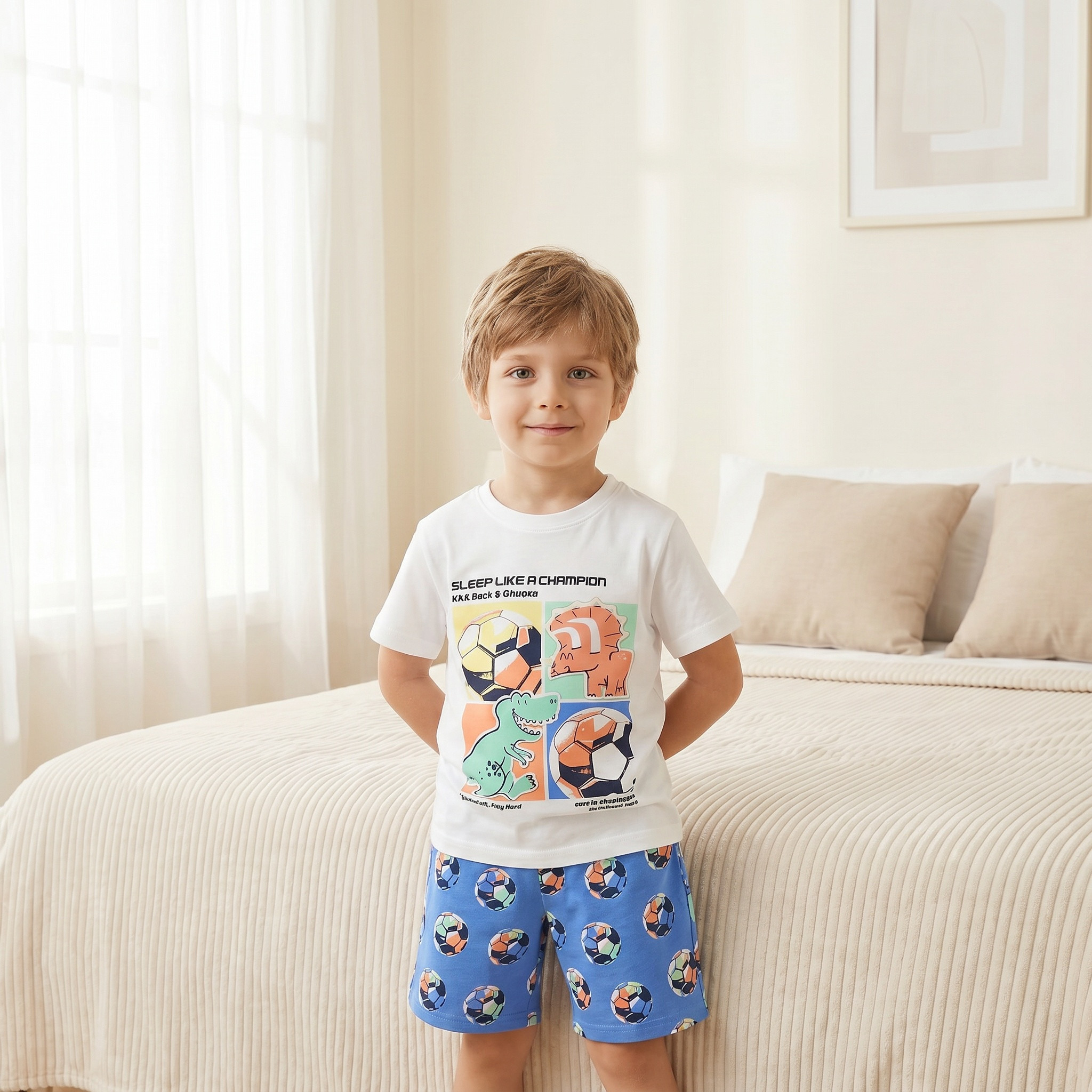 Juniors Cotton Crew Neck Short Sleeves Pyjama Set with Dinosaur and Football Print-boys-clothing-nightwear-image-5